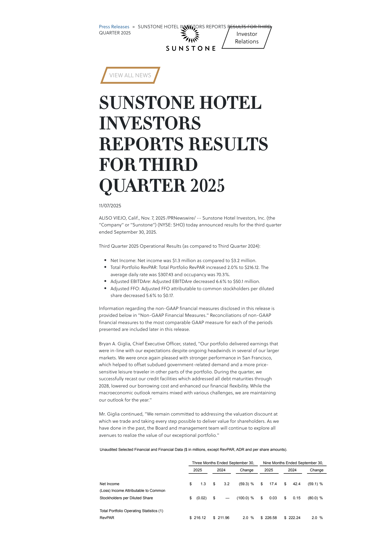 Sunstone Hotel Investors' Q3 2025 Earnings Release