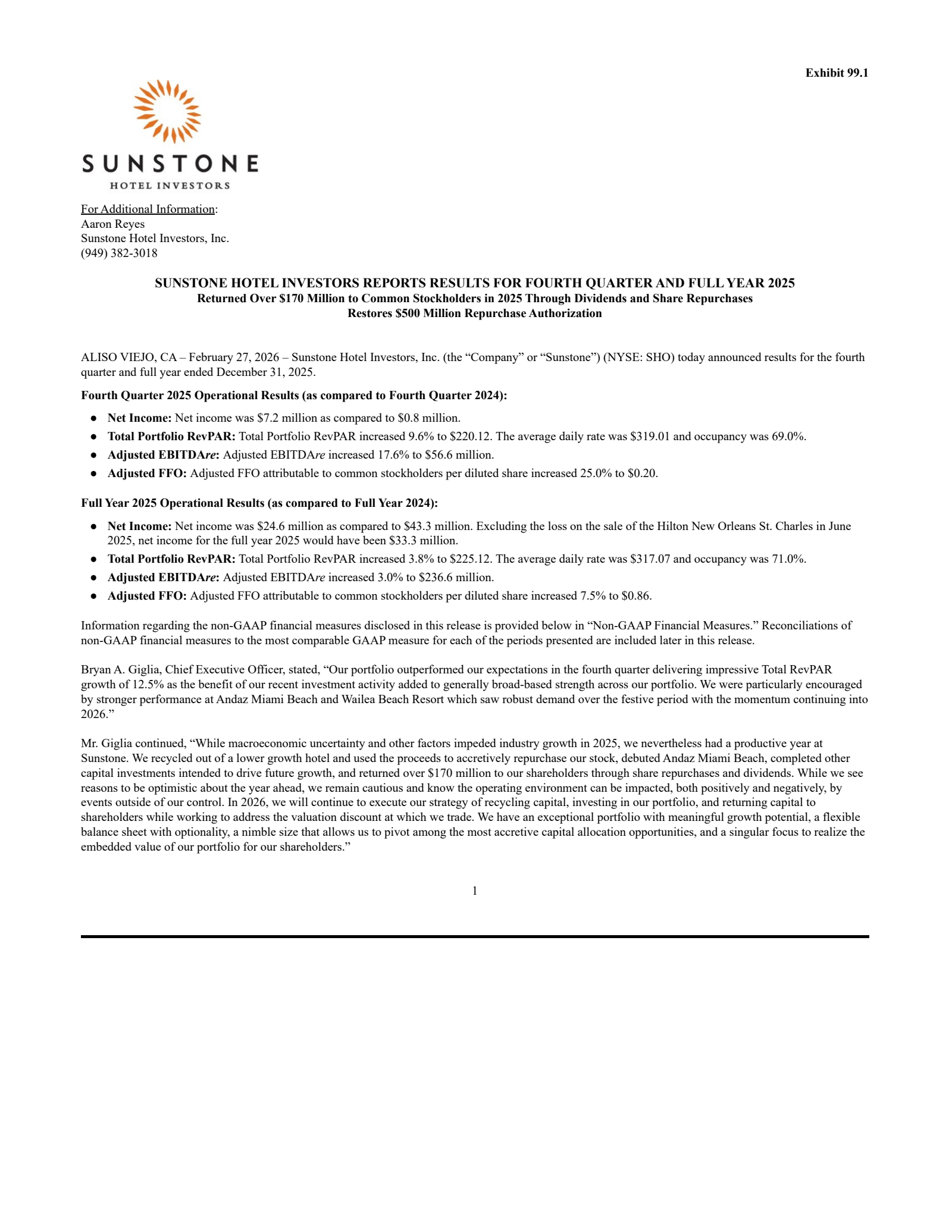Sunstone Hotel Investors' Q4 2025 Press Release