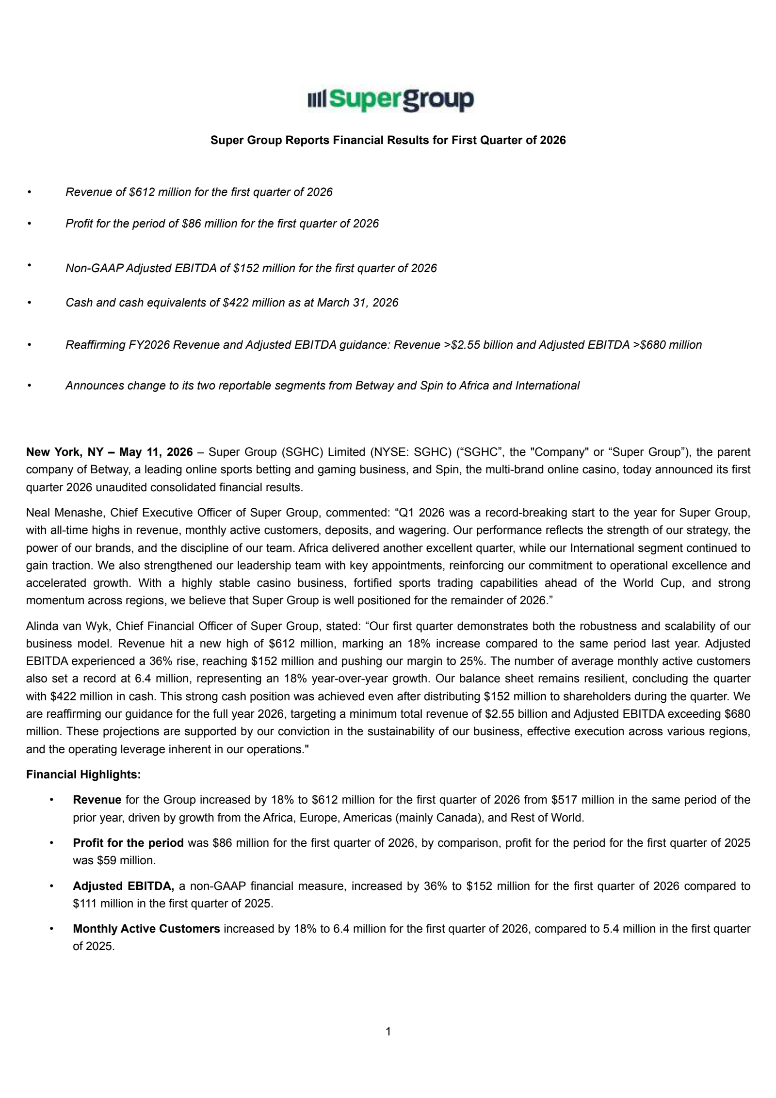 Super Group (SGHC)'s Q1 2026 Press Release