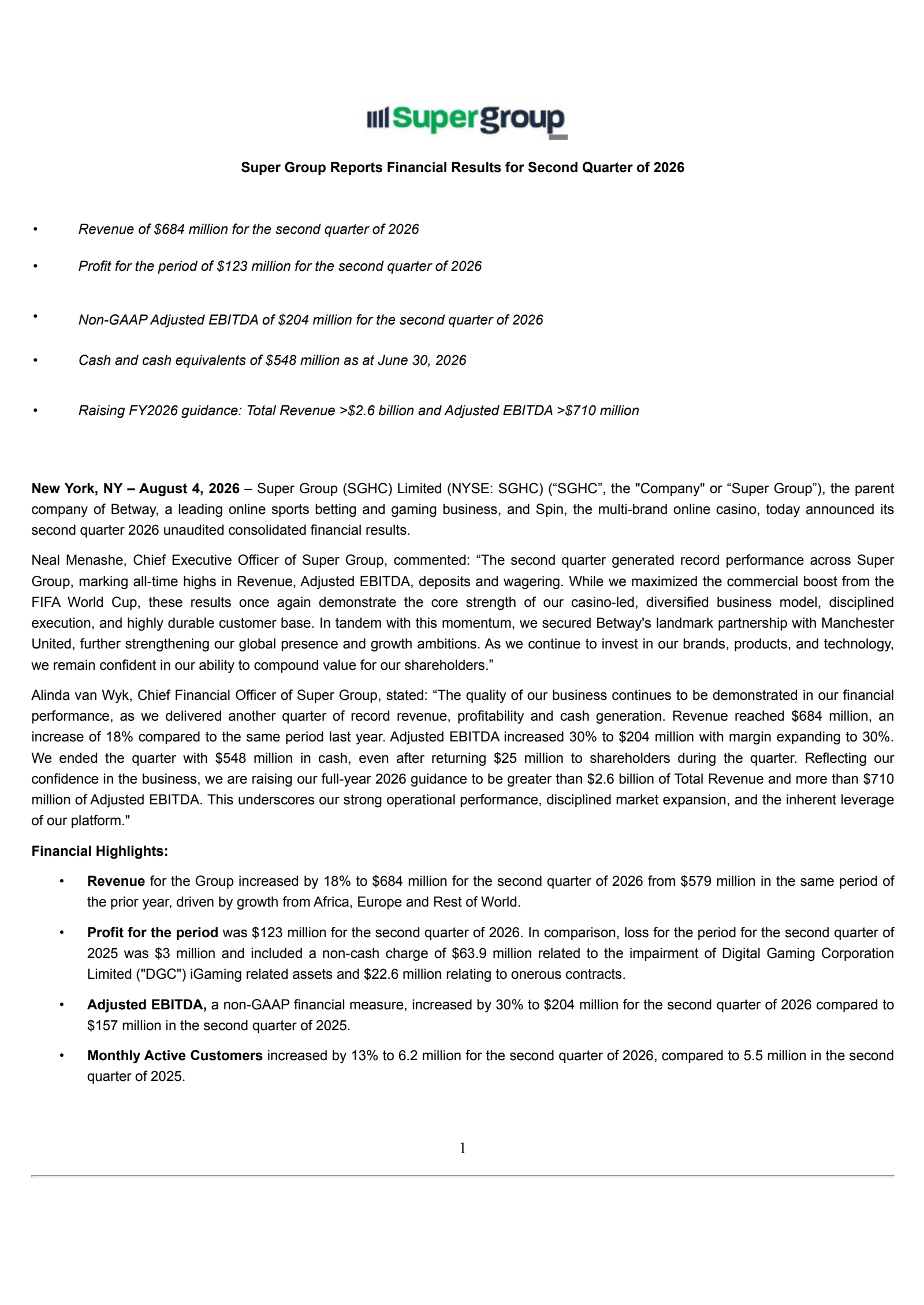 Super Group (SGHC)'s Q2 2026 Press Release