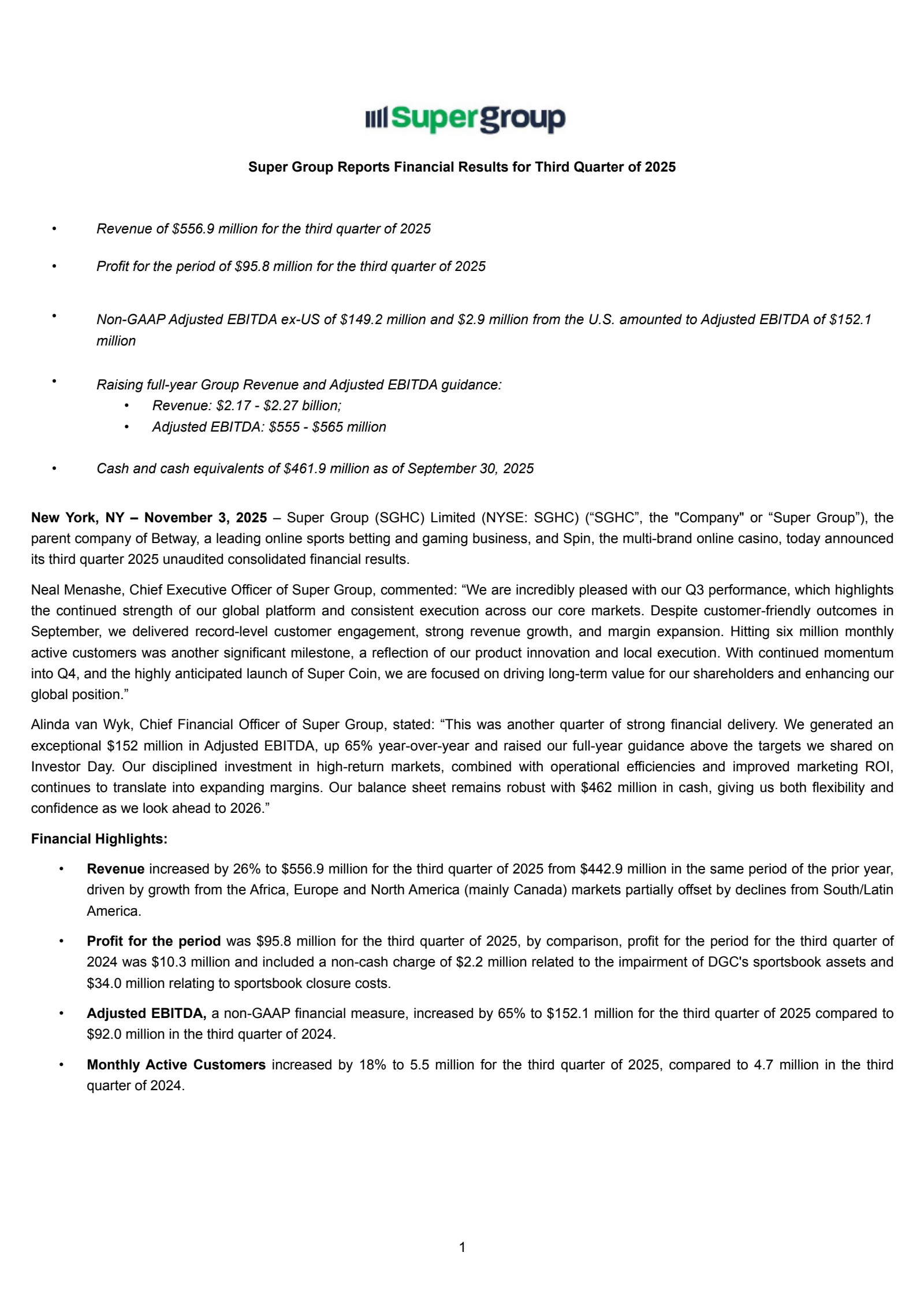 Super Group (SGHC)'s Q3 2025 Earnings Release