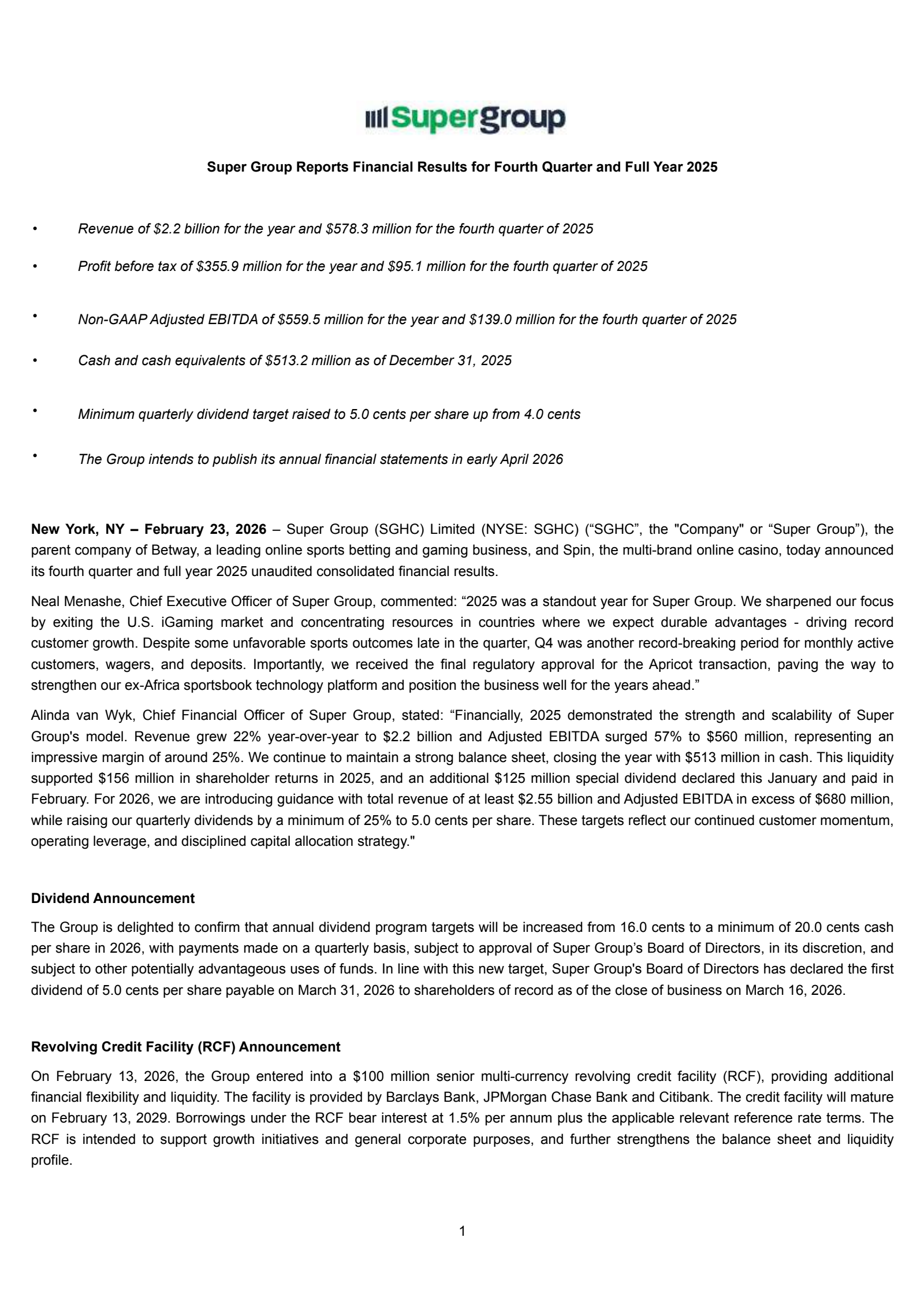 Super Group (SGHC)'s Q4 2025 Press Release