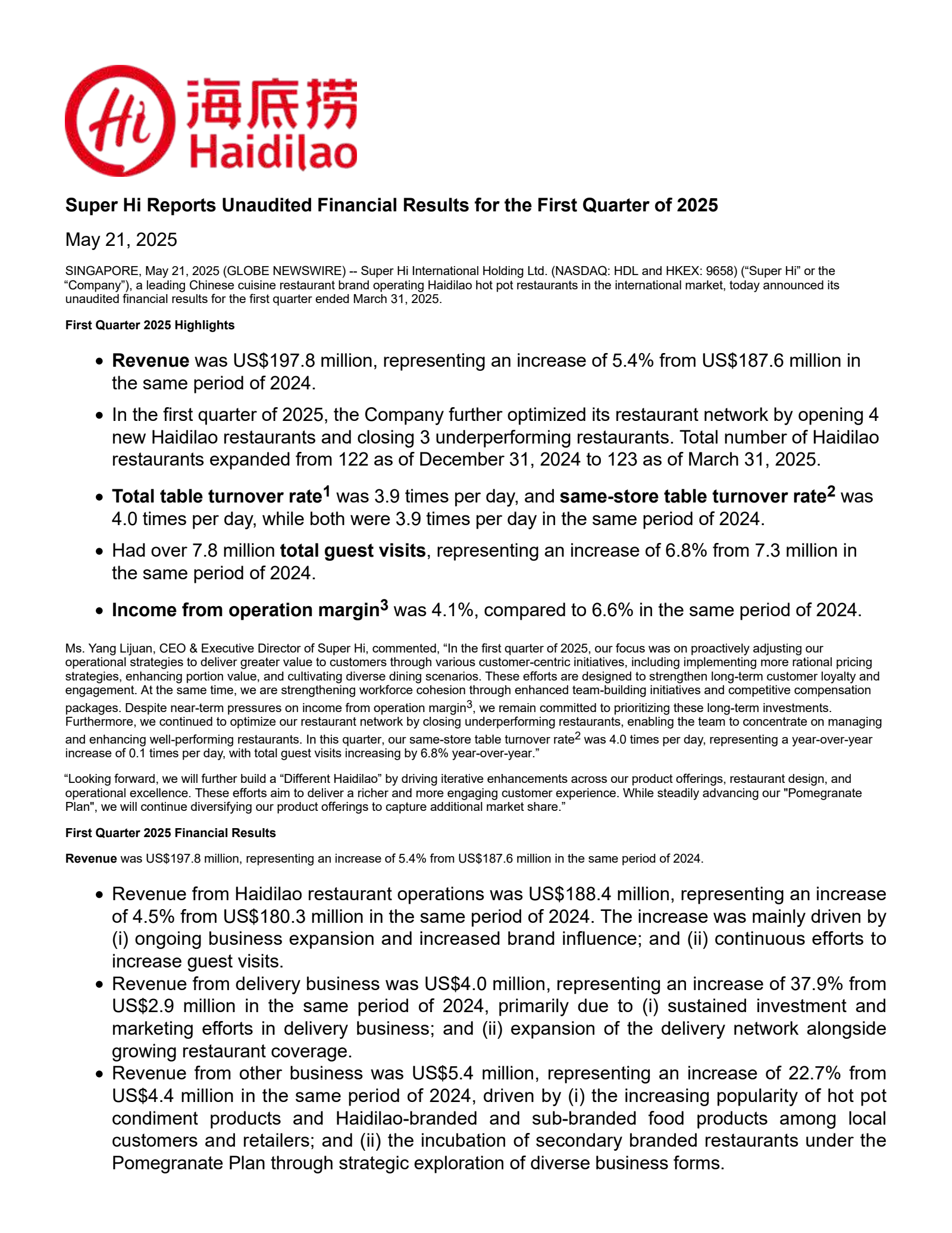 Super Hi International's Q1 2025 Press Release