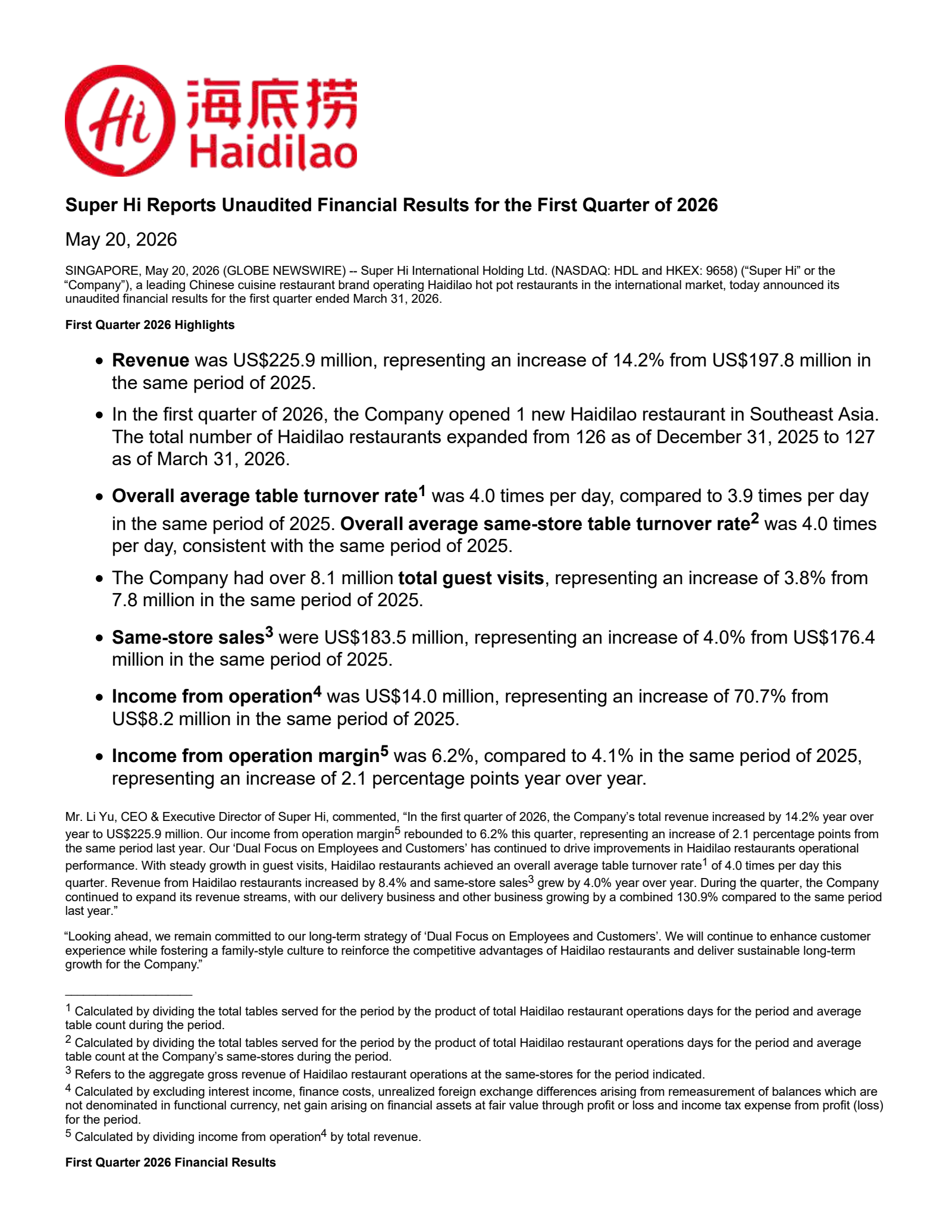Super Hi International's Q1 2026 Press Release
