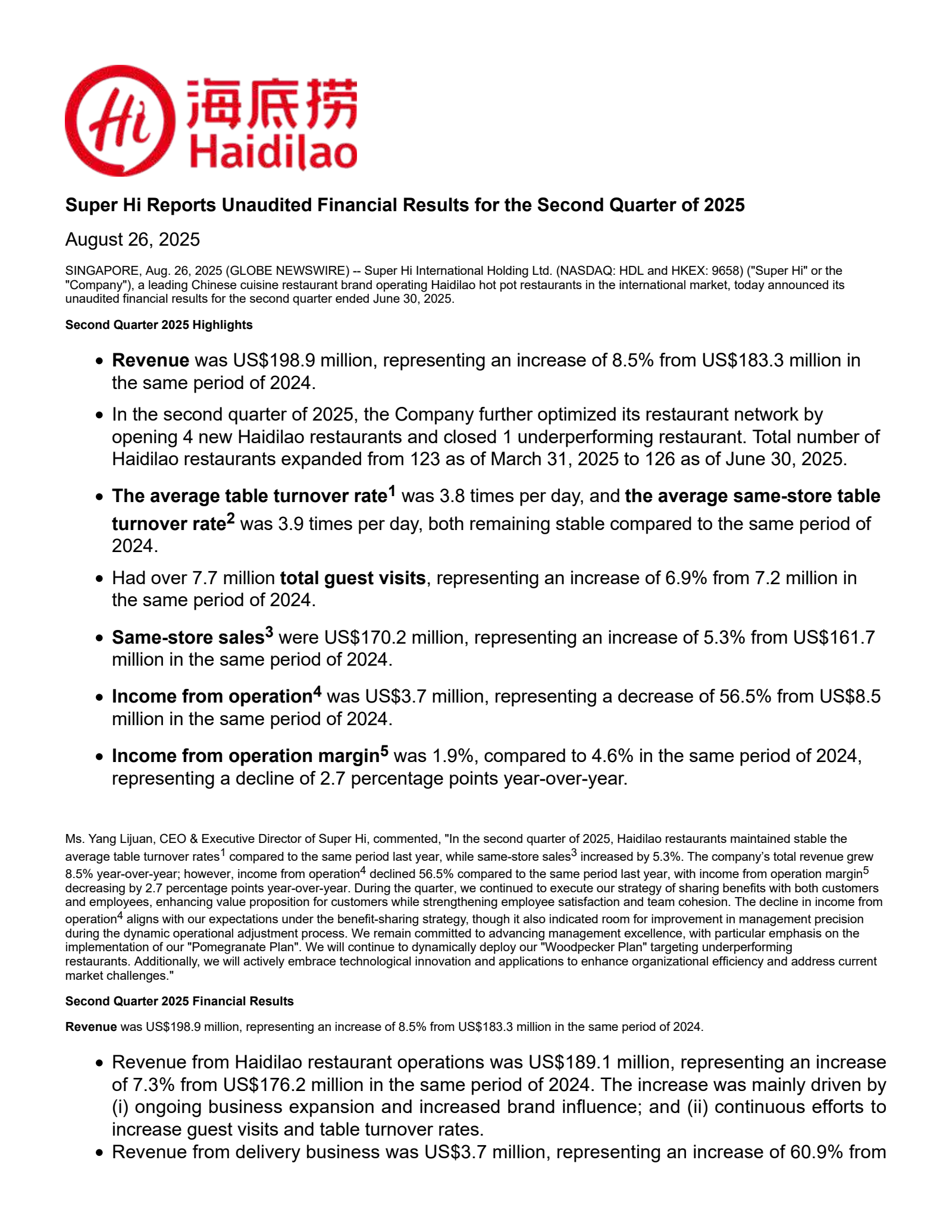 Super Hi International's Q2 2025 Press Release