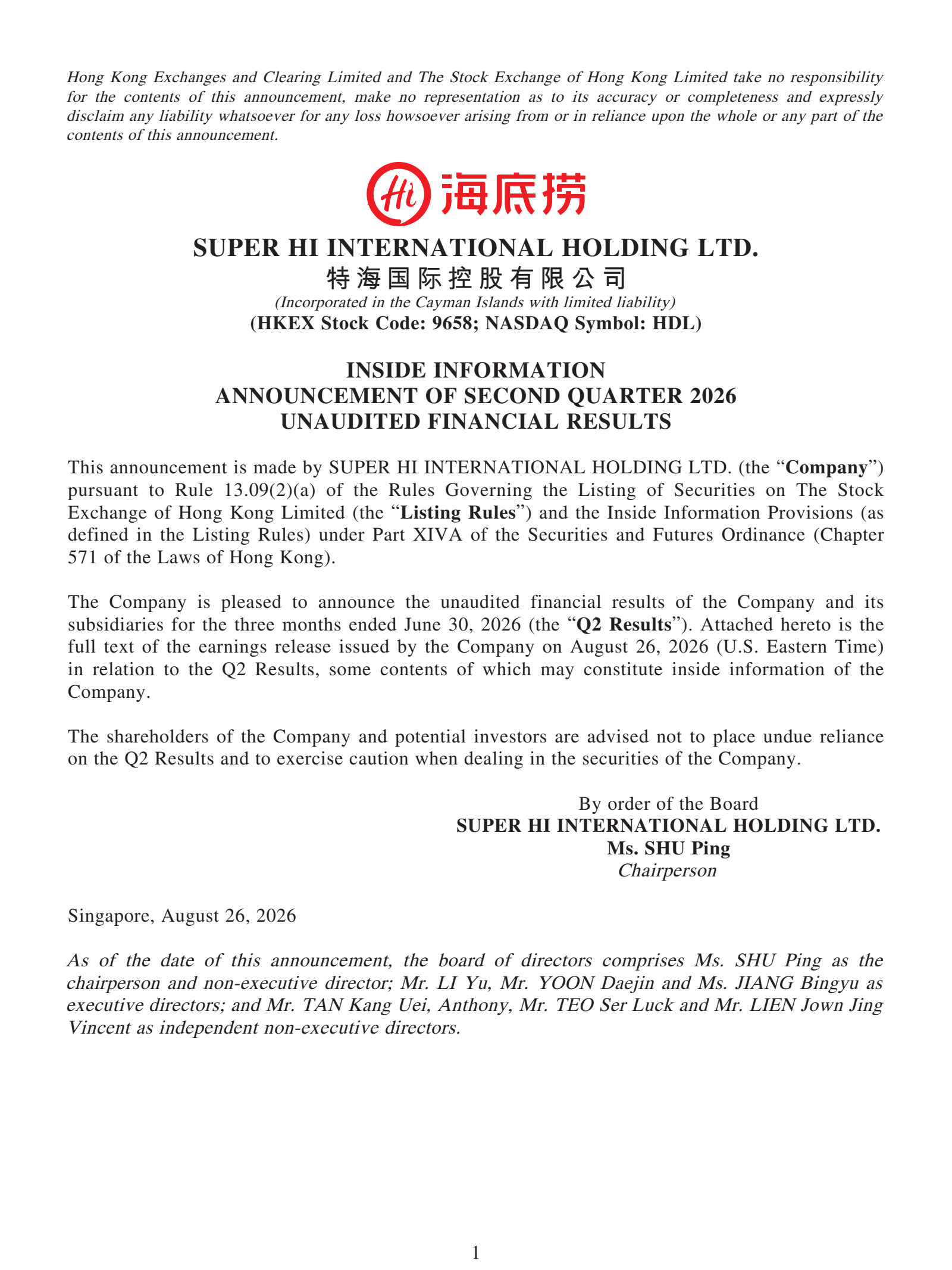 Super Hi International's Q2 2026 Press Release