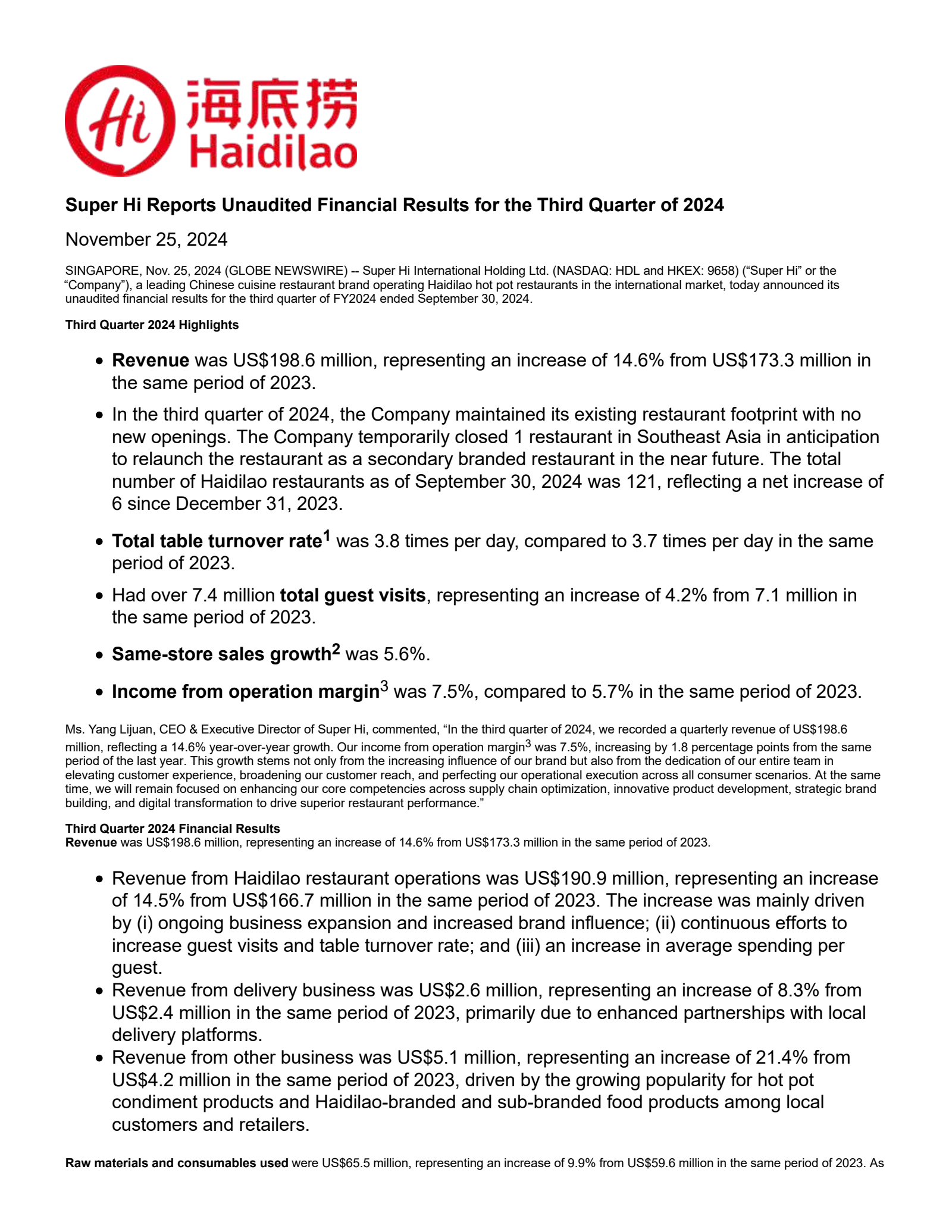 Super Hi International's Q3 2024 Press Release