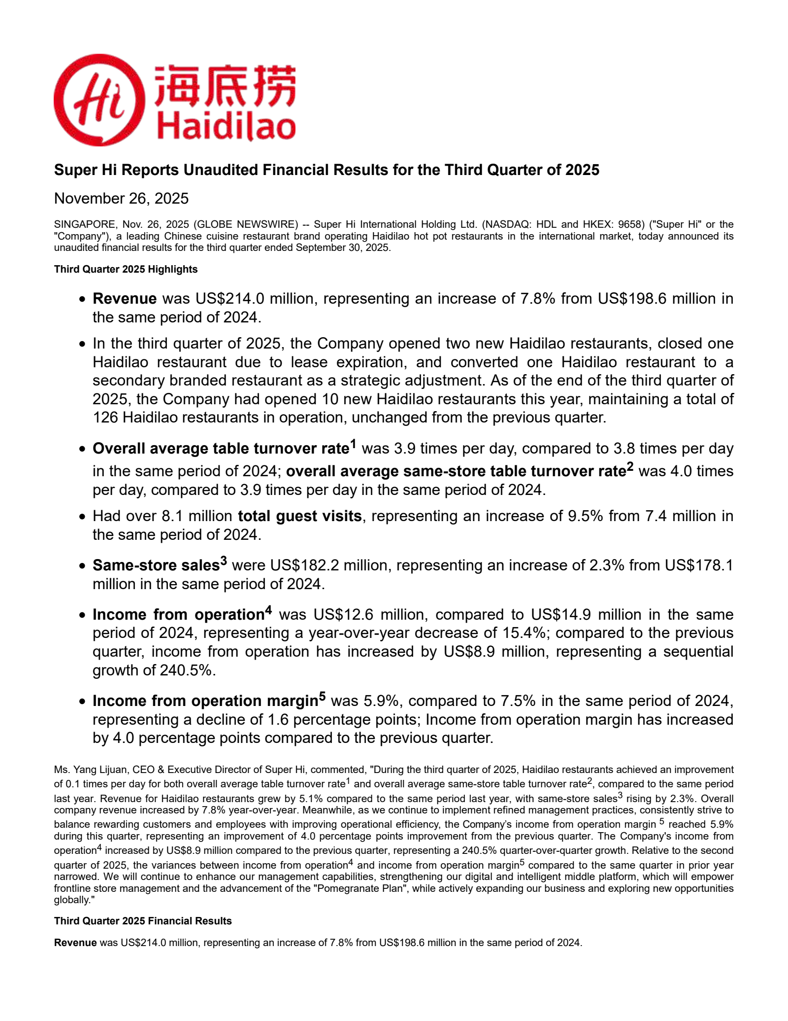 Super Hi International's Q3 2025 Press Release