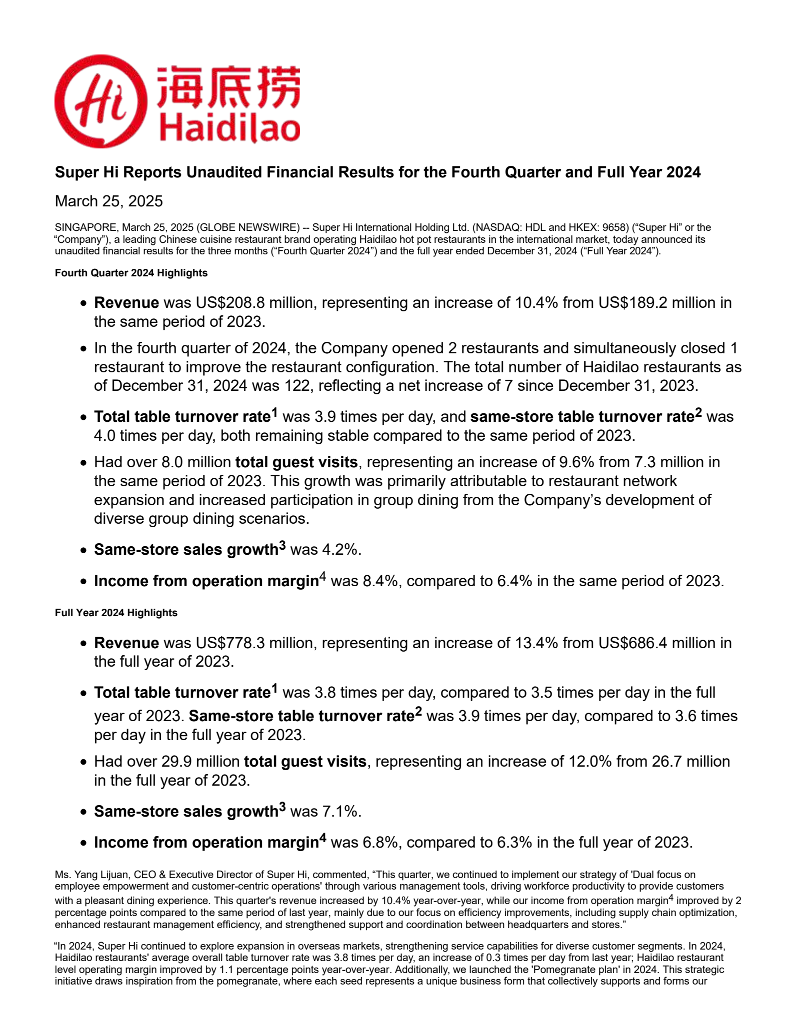 Super Hi International's Q4 2024 Press Release