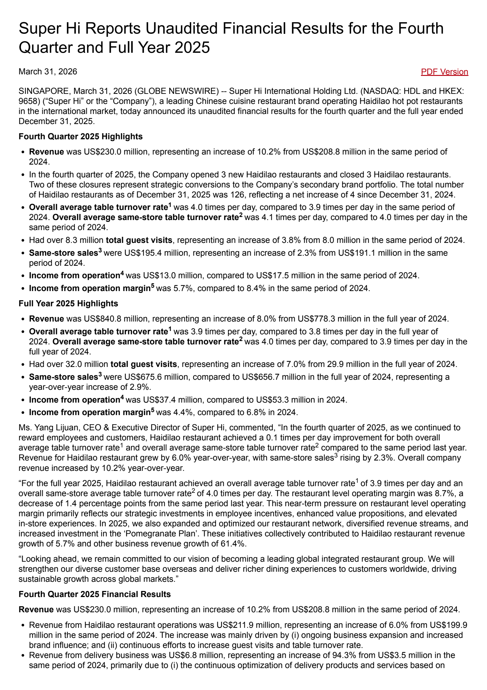 Super Hi International's Q4 2025 Press Release