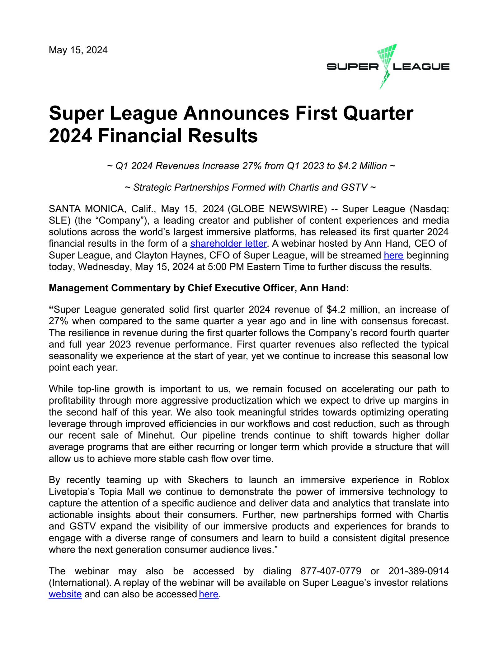 Super League Enterprise's Q1 2024 Earnings Release