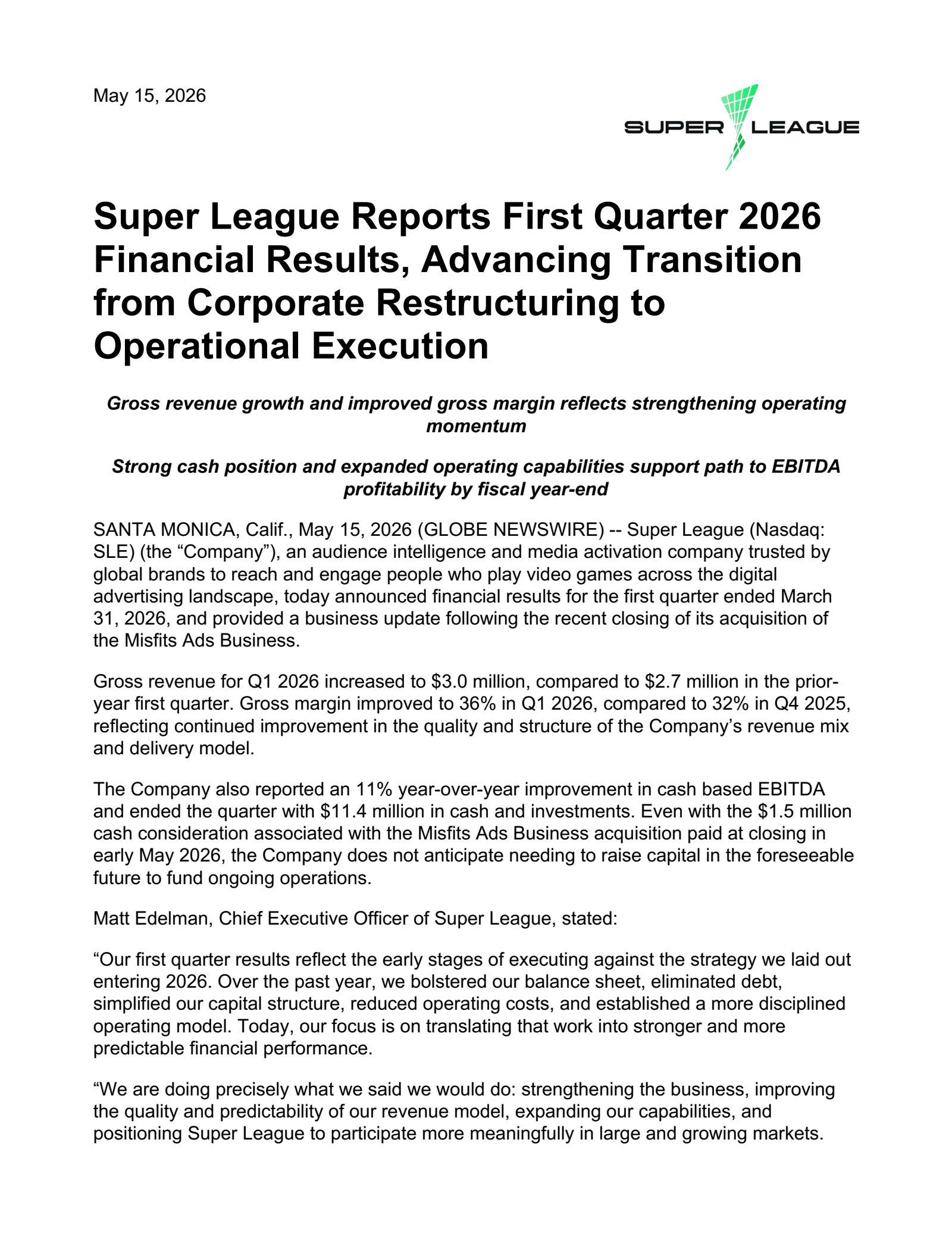 Super League Enterprise's Q1 2026 Press Release