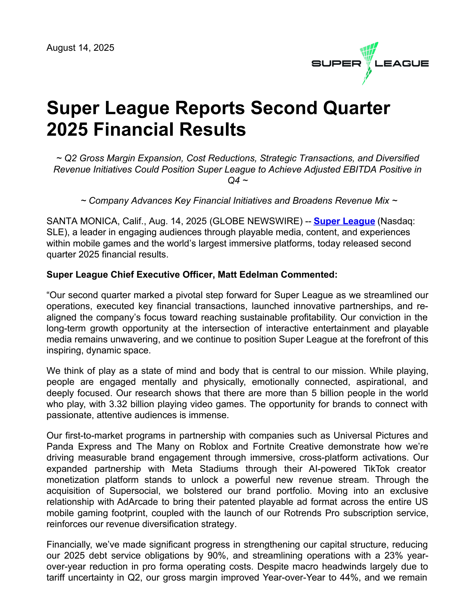 Super League Enterprise's Q2 2025 Press Release