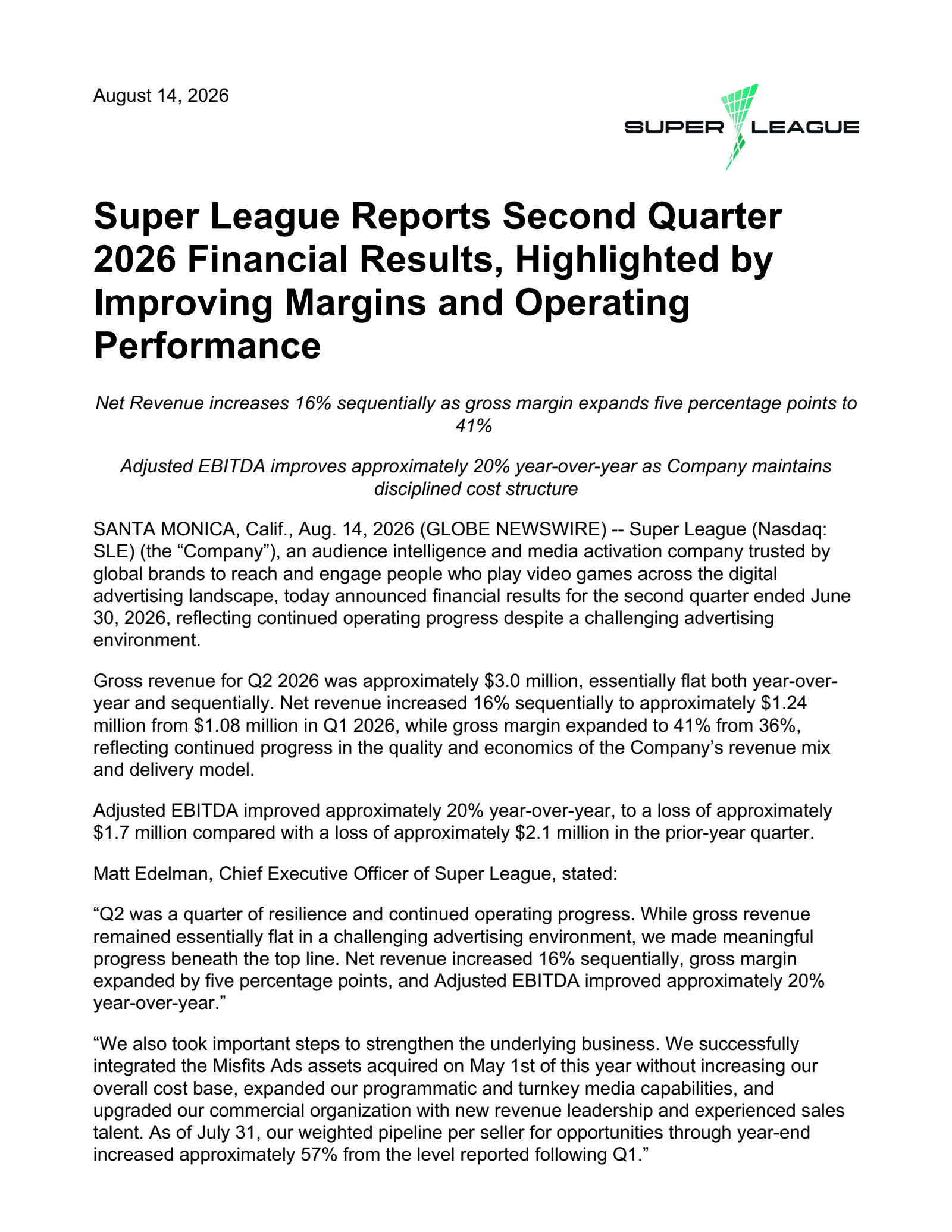 Super League Enterprise's Q2 2026 Press Release