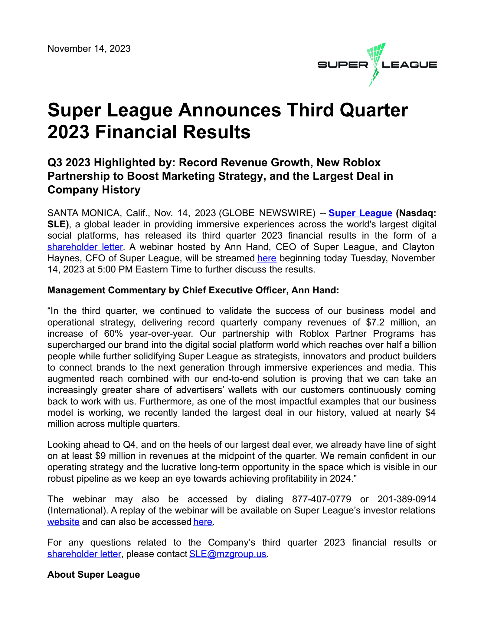 Super League Enterprise's Q3 2023 Earnings Release