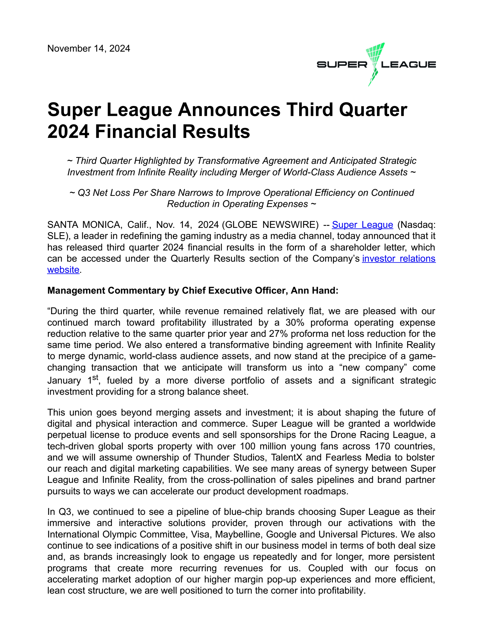 Super League Enterprise's Q3 2024 Earnings Release