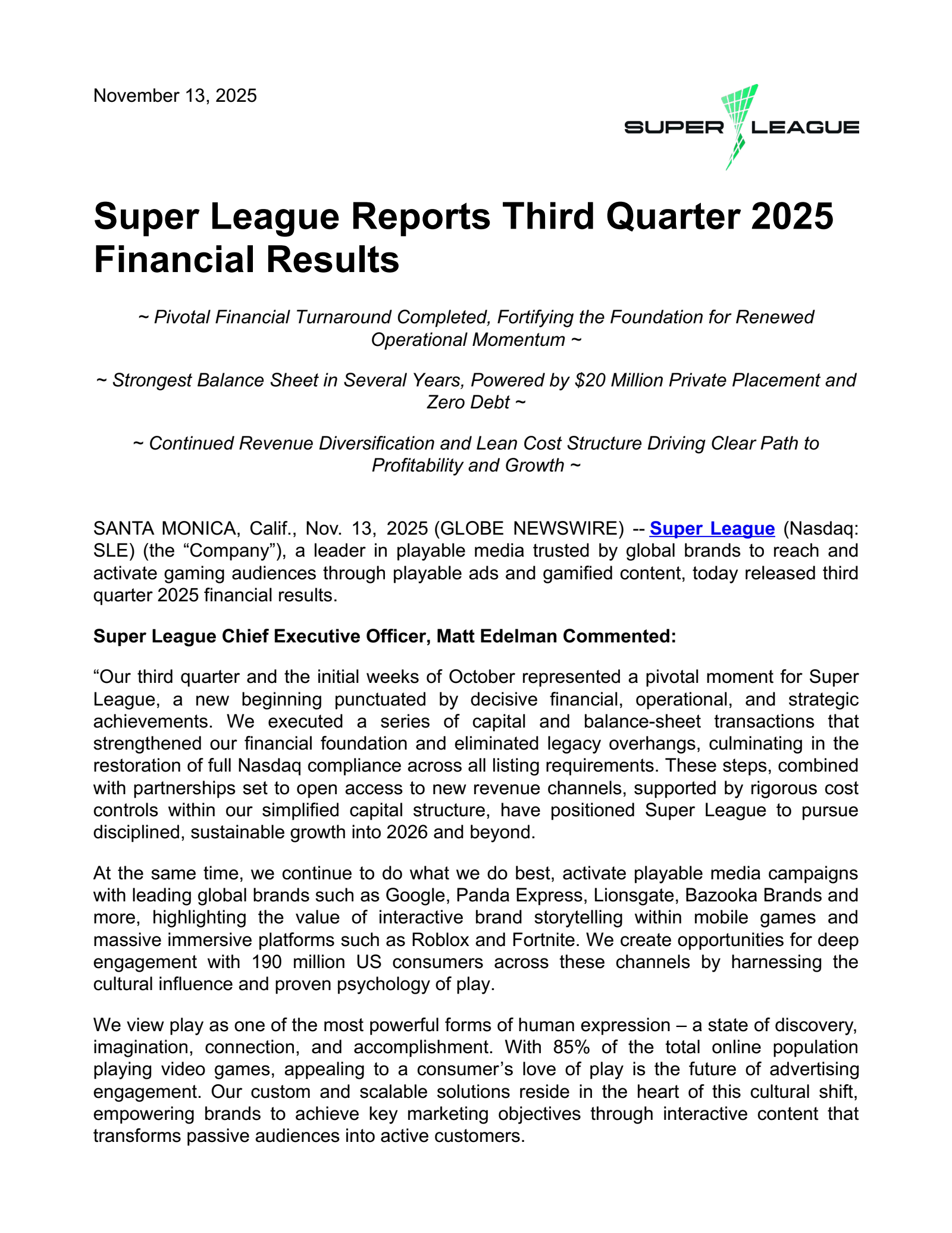 Super League Enterprise's Q3 2025 Earnings Release