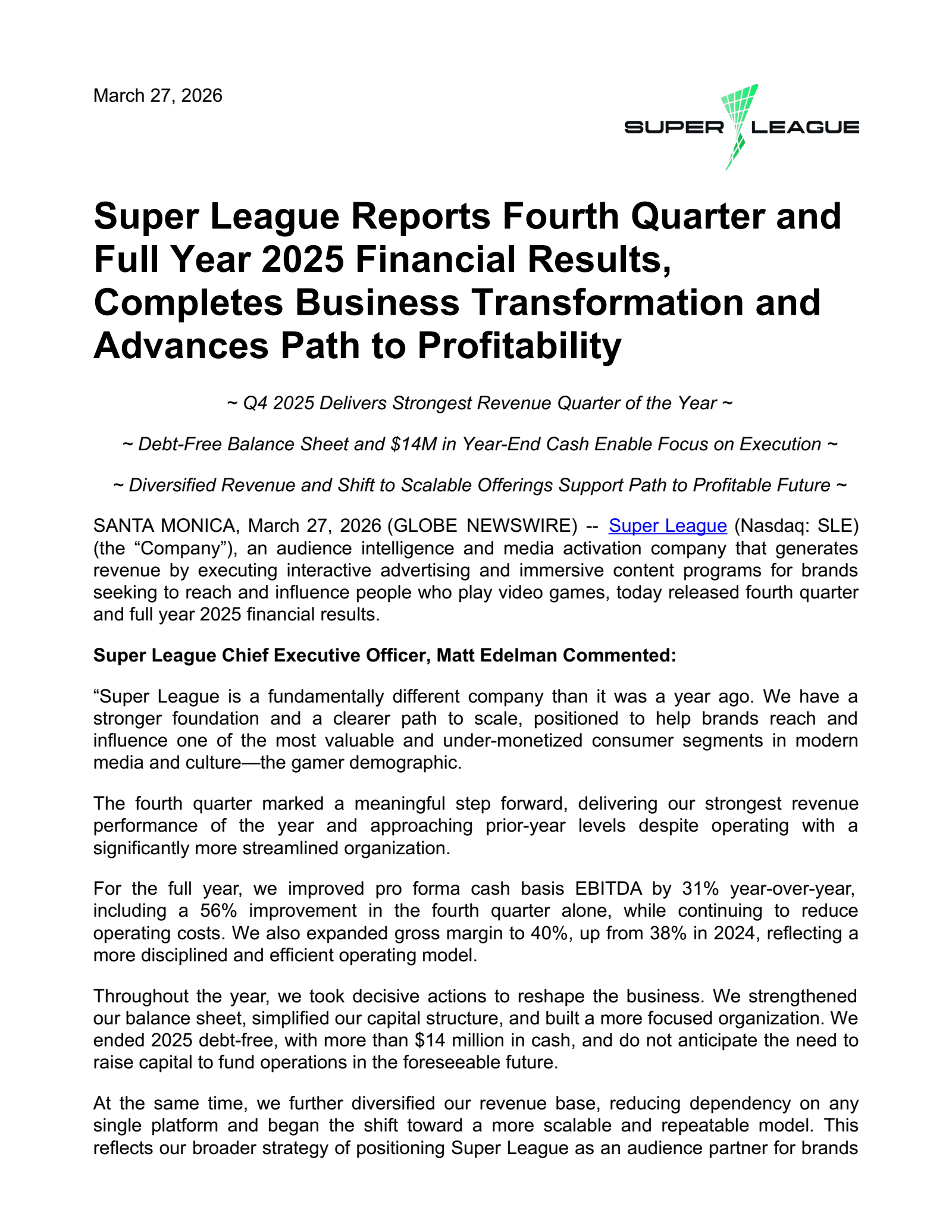 Super League Enterprise's Q4 2025 Press Release