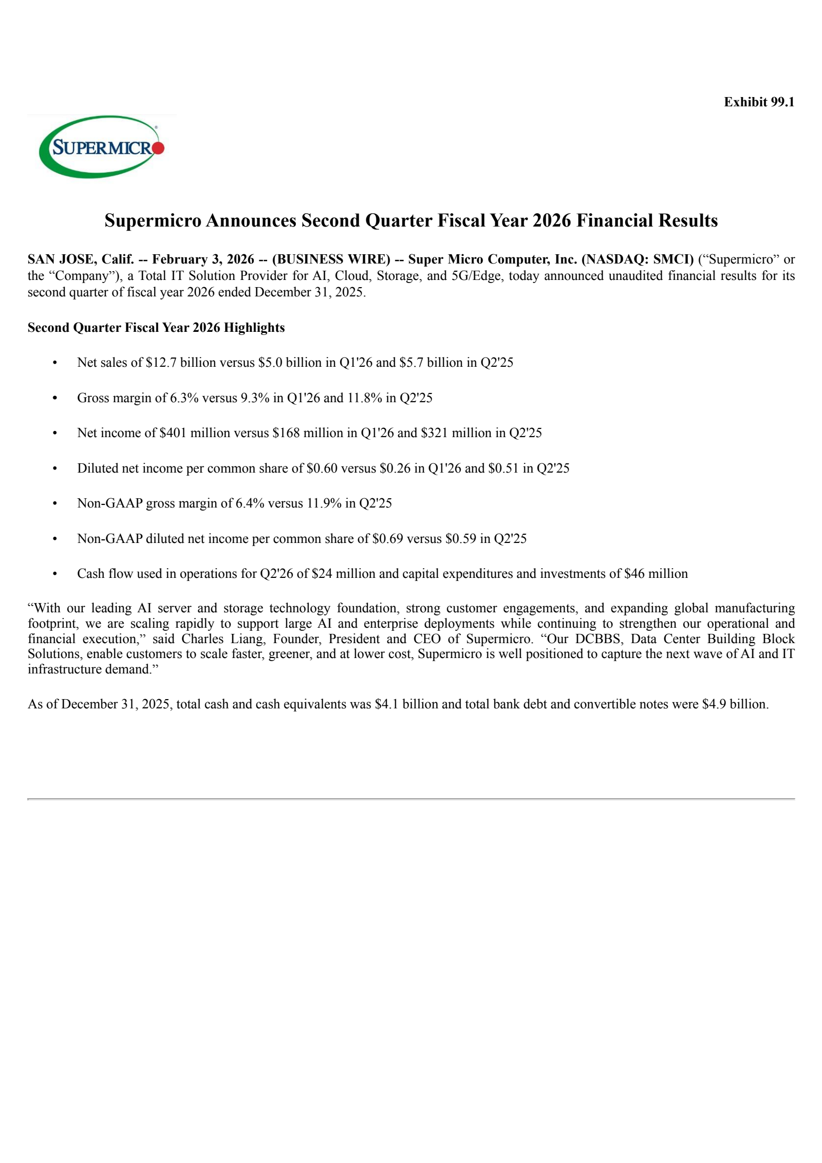 Super Micro Computer's Q2 2026 Press Release