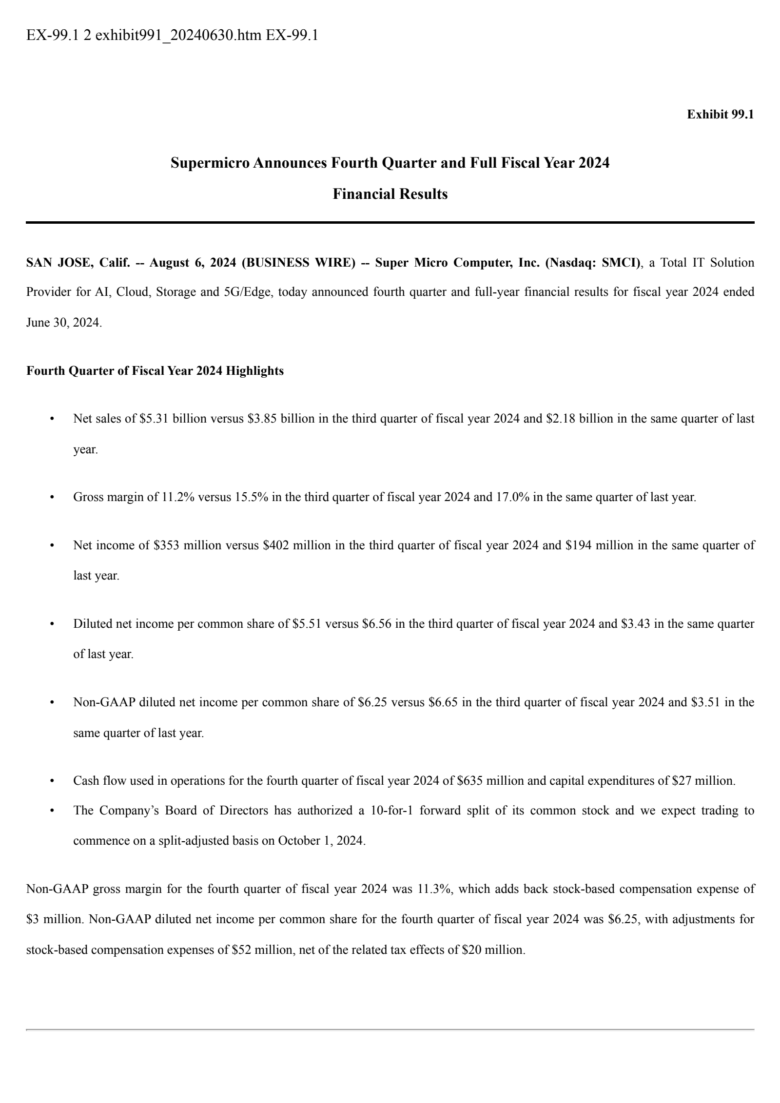 SMCI Q4 2024 Earnings Report on 8/6/2024