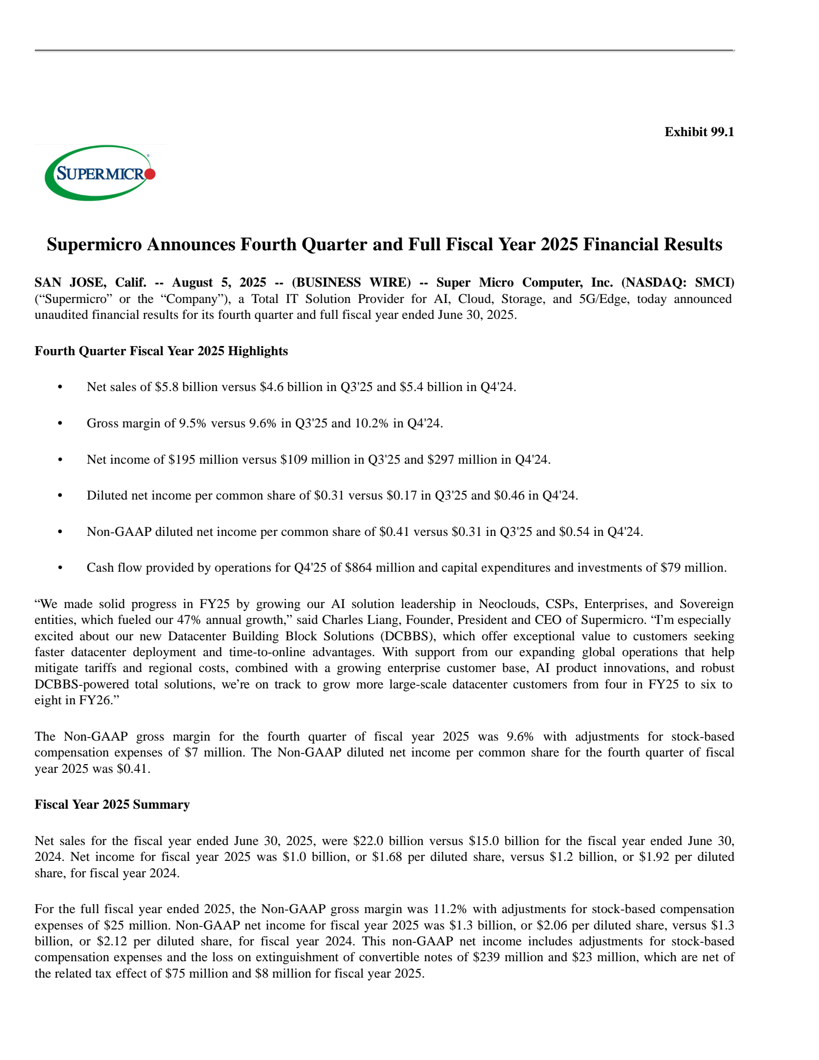 Super Micro Computer's Q4 2025 Press Release