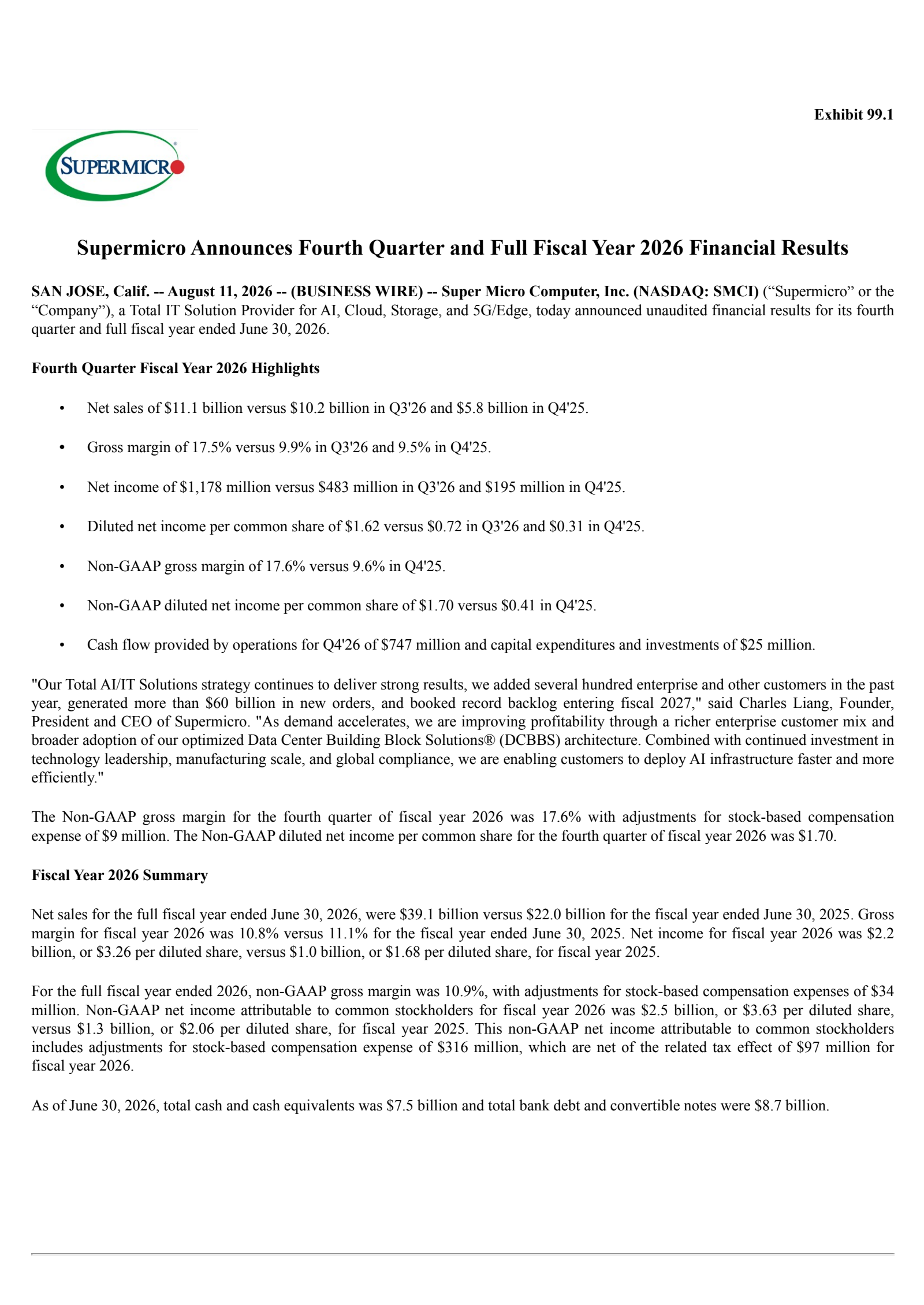 Super Micro Computer's Q4 2026 Press Release