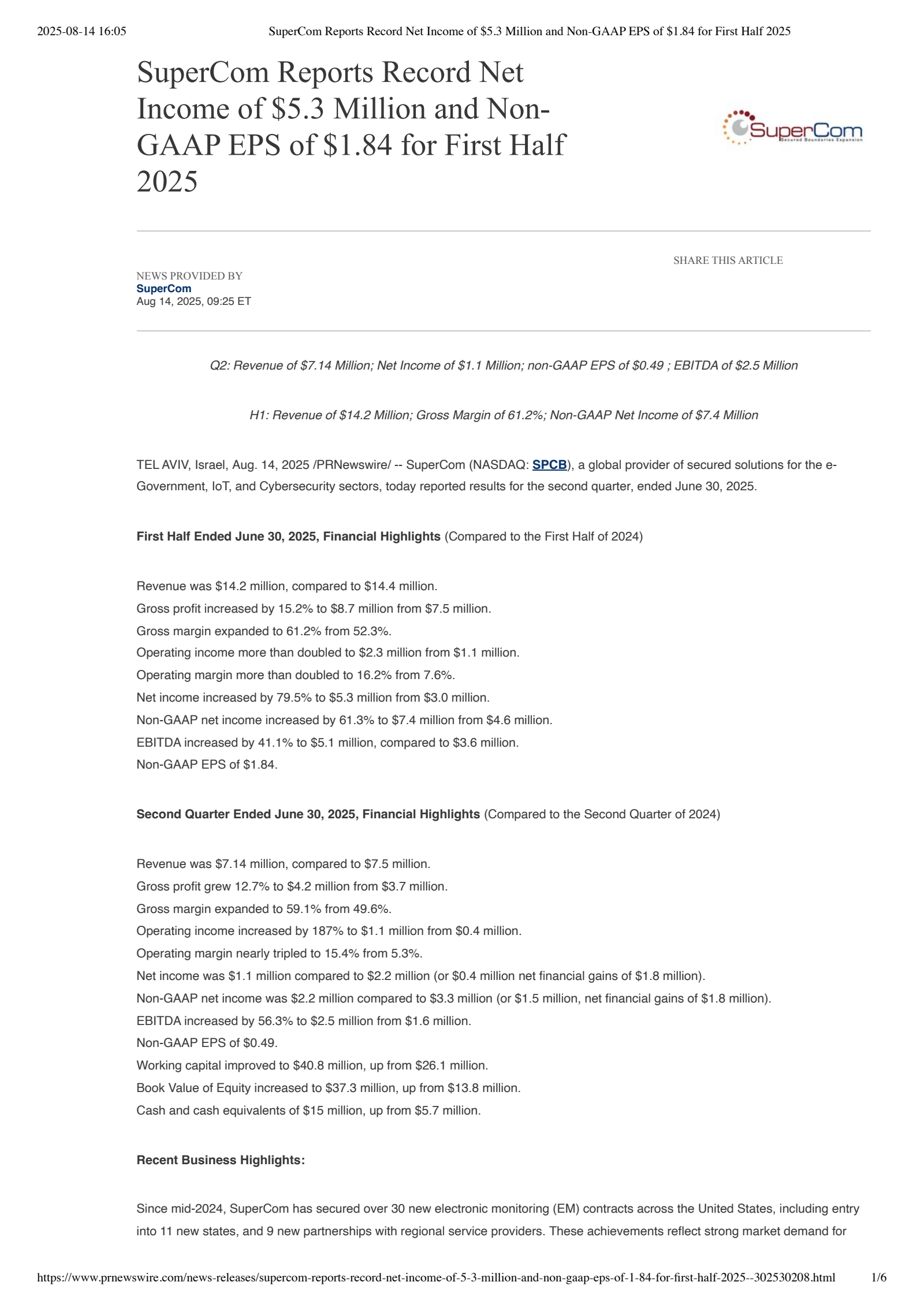 SuperCom's Q2 2025 Press Release