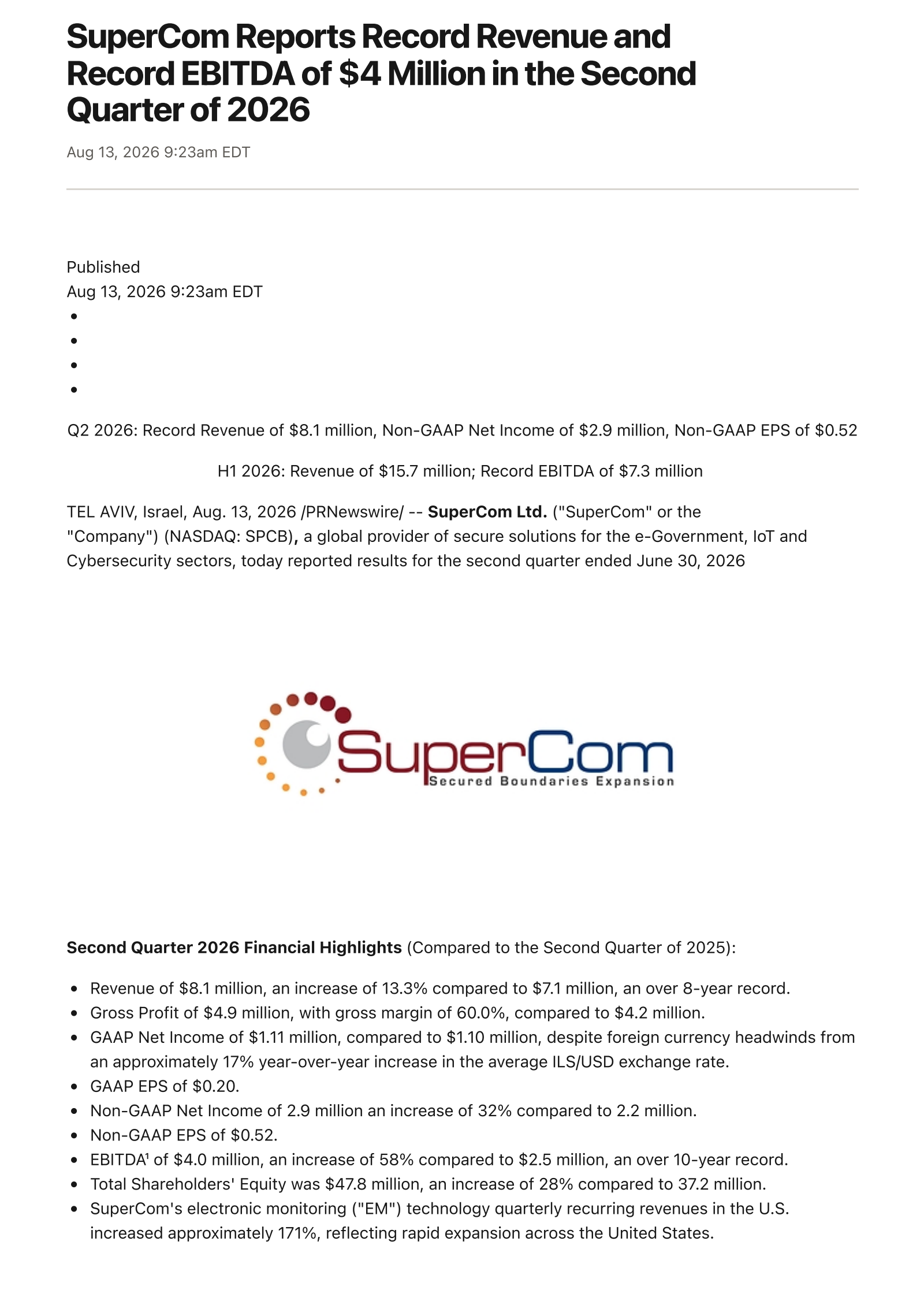 SuperCom's Q2 2026 Press Release