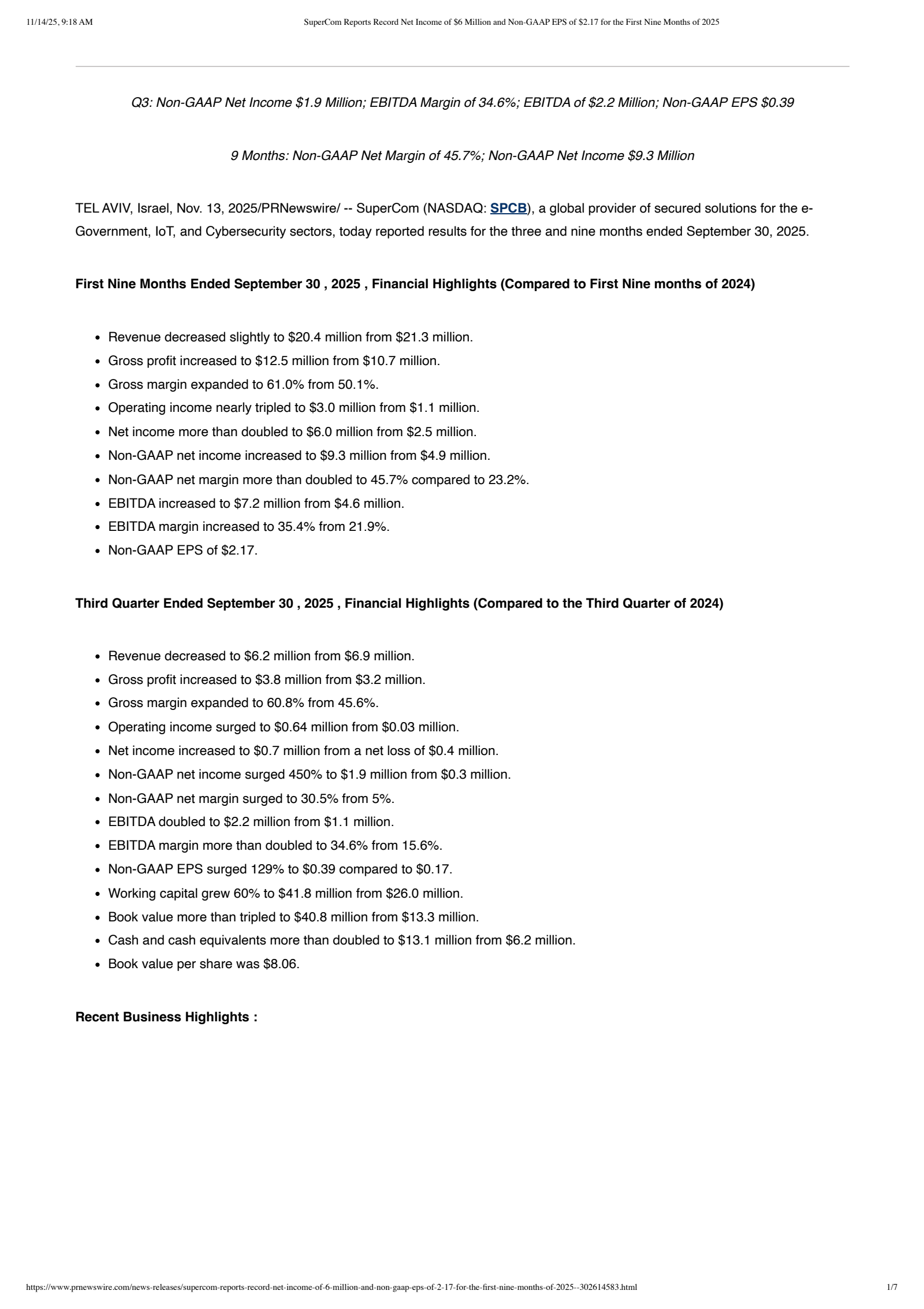 SuperCom's Q3 2025 Earnings Release