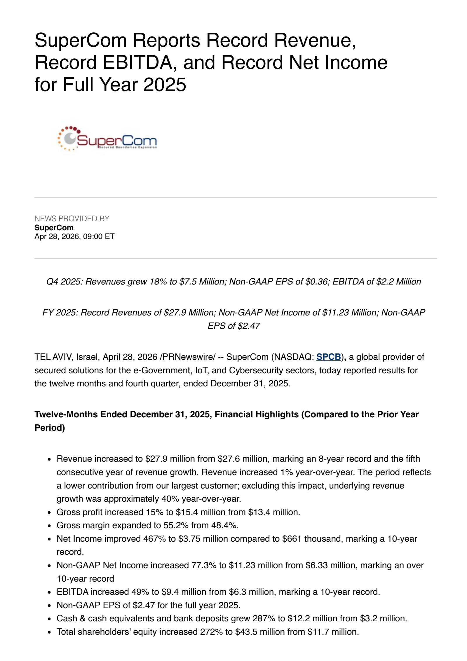 SuperCom's Q4 2025 Press Release