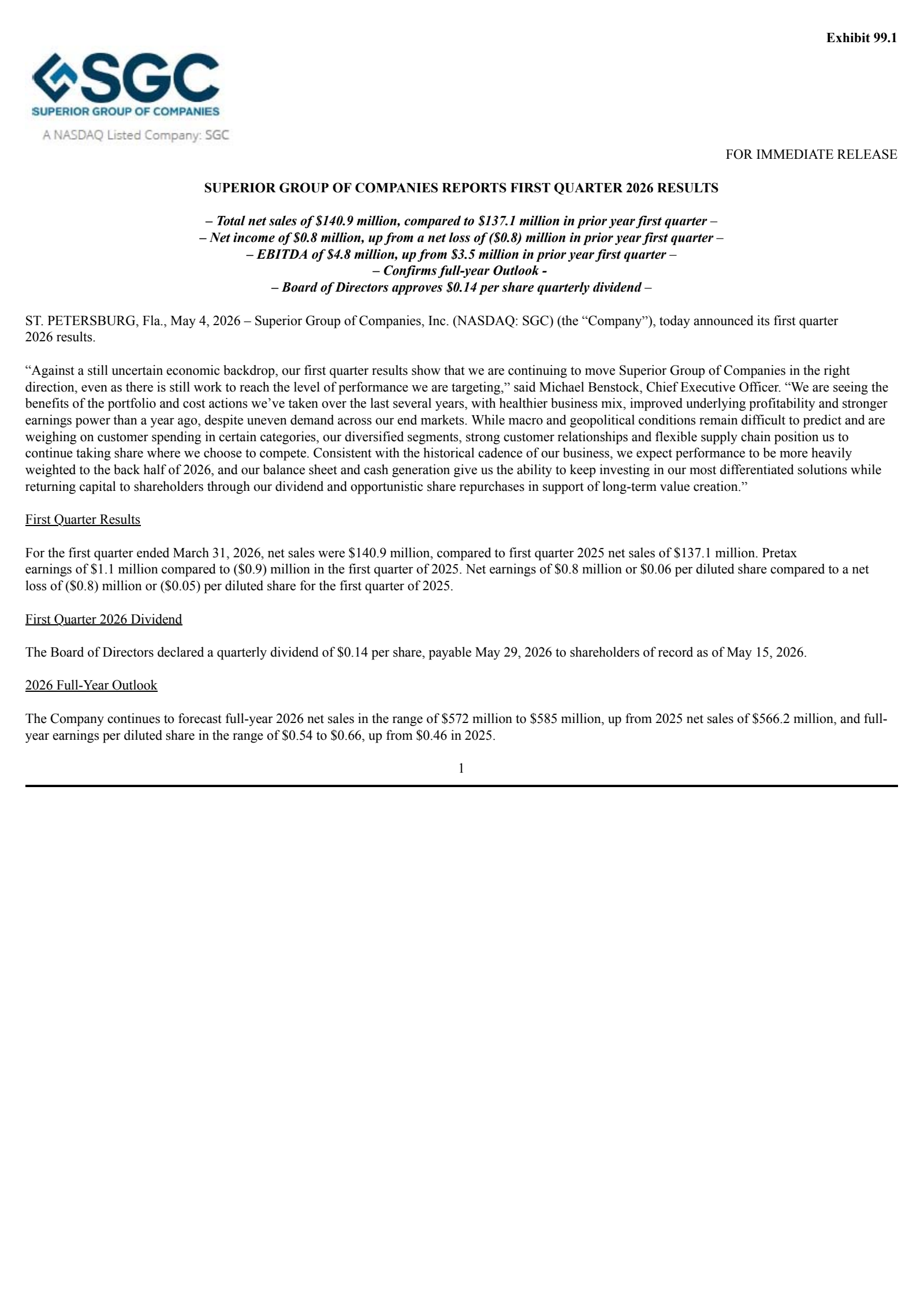Superior Group of Companies' Q1 2026 Press Release