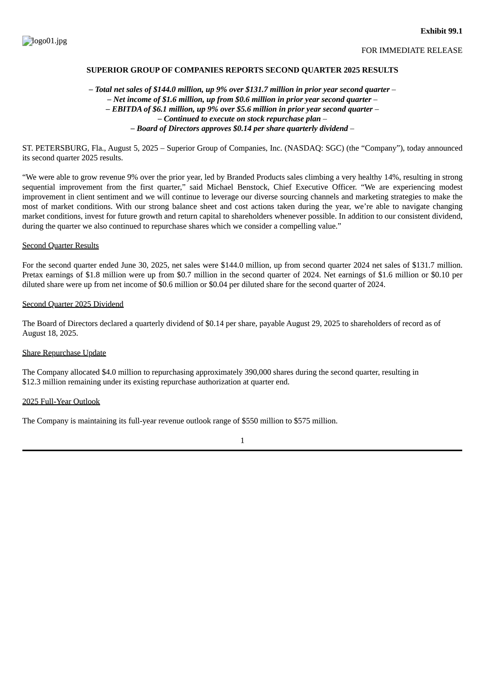 Superior Group of Companies' Q2 2025 Press Release