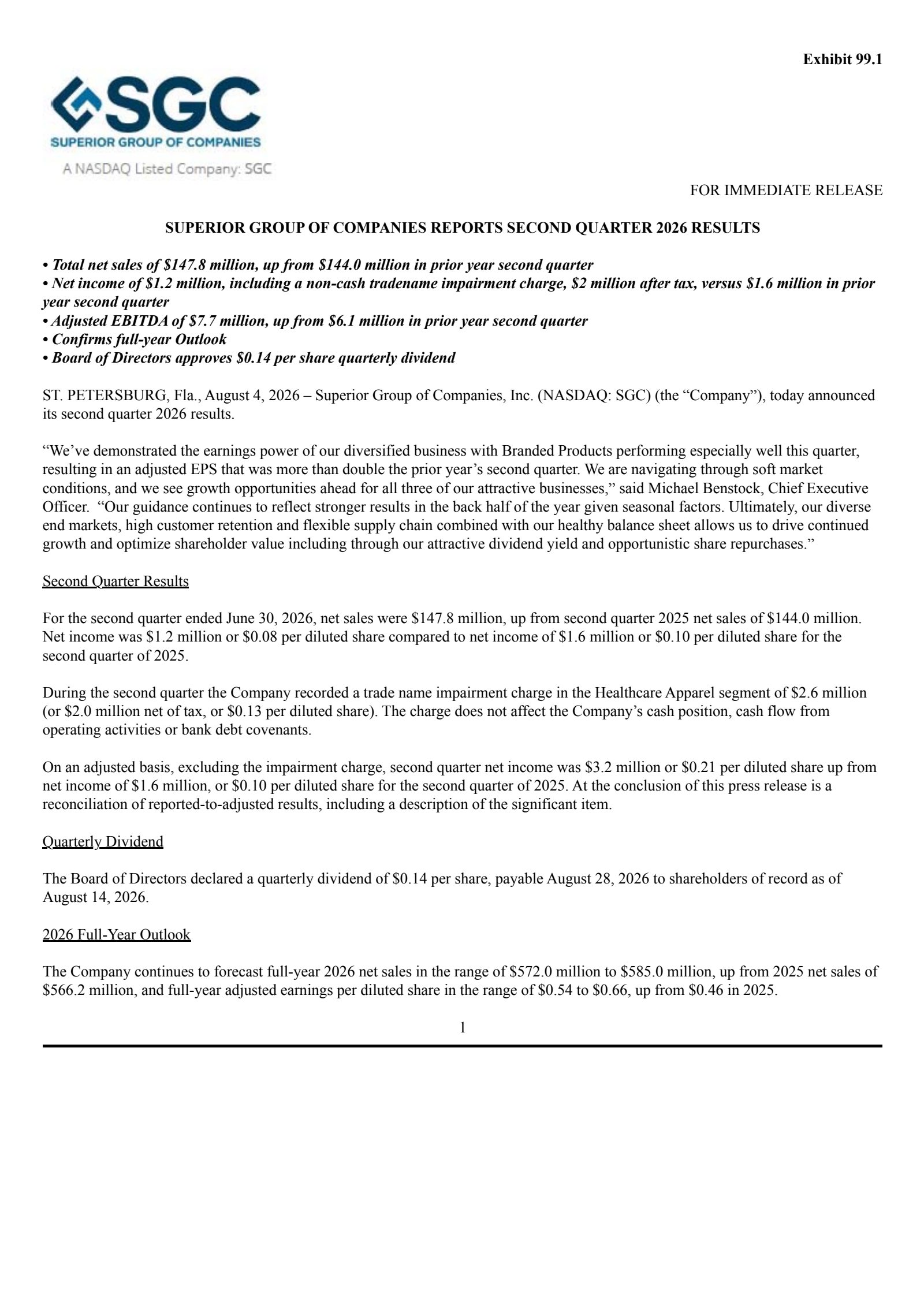 Superior Group of Companies' Q2 2026 Press Release