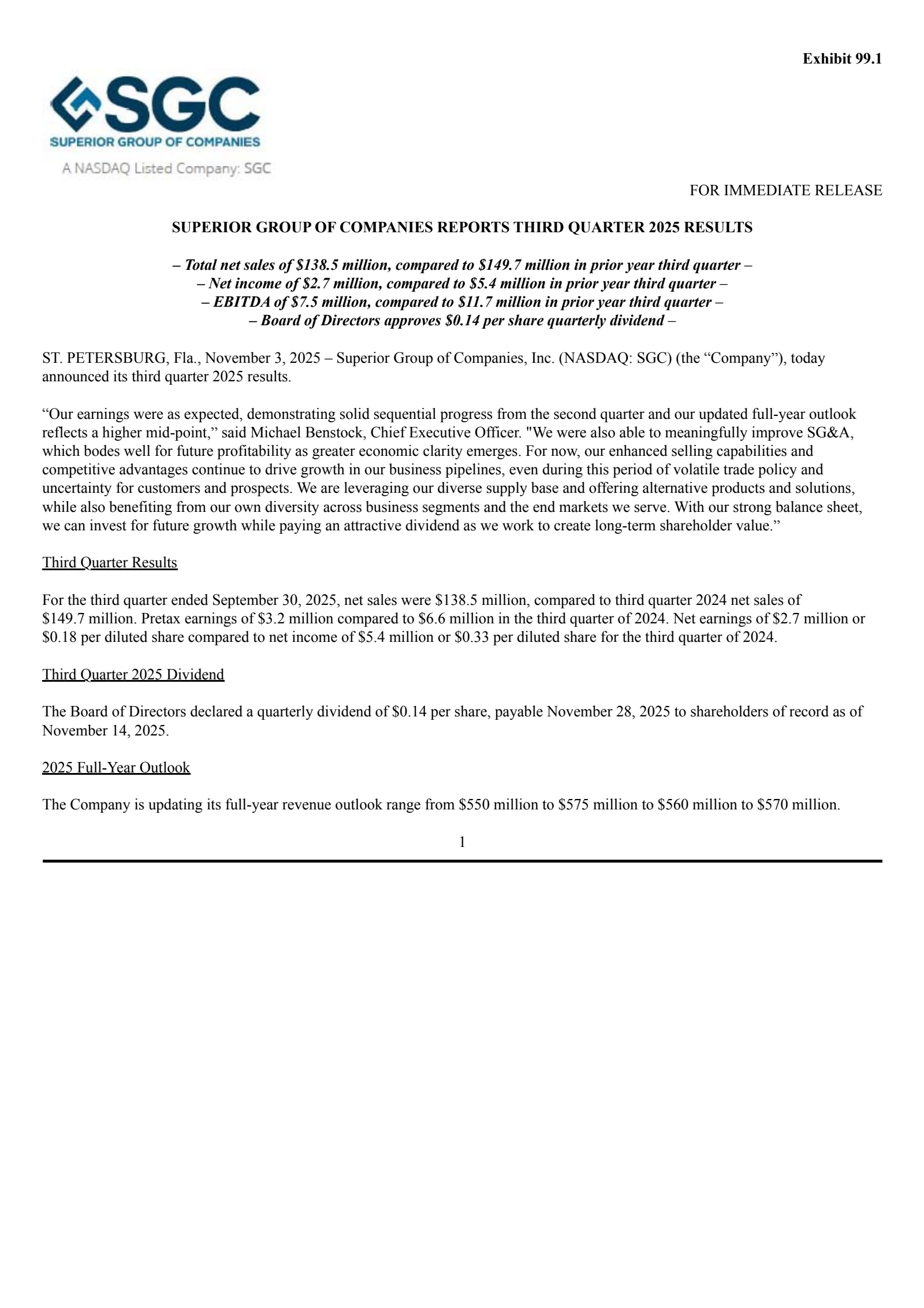 Superior Group of Companies' Q3 2025 Earnings Release