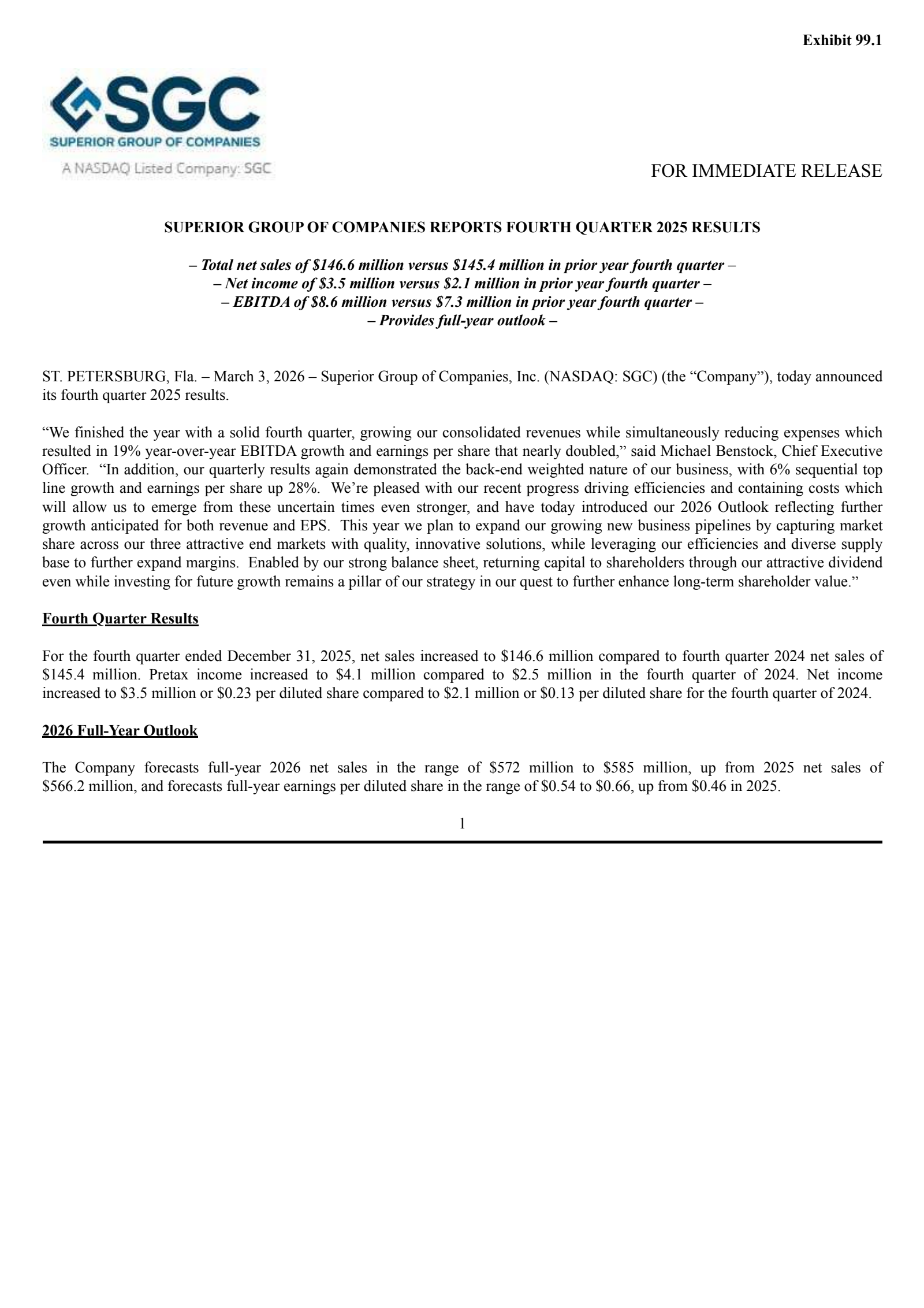 Superior Group of Companies' Q4 2025 Press Release