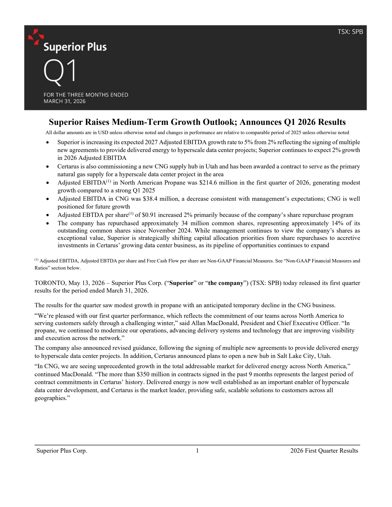 Superior Plus' Q1 2026 Interim report