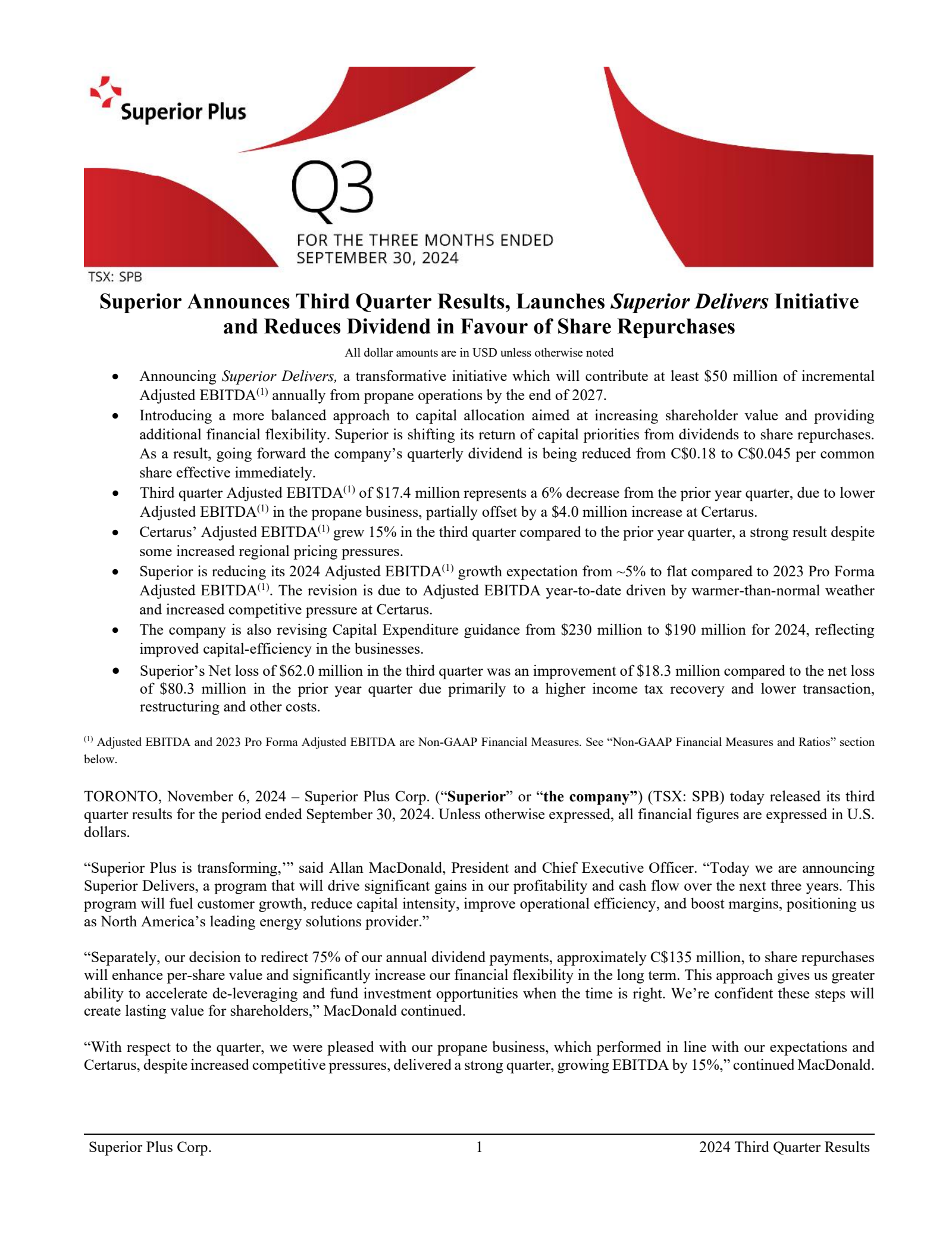 Superior Plus' Q3 2024 Press Release