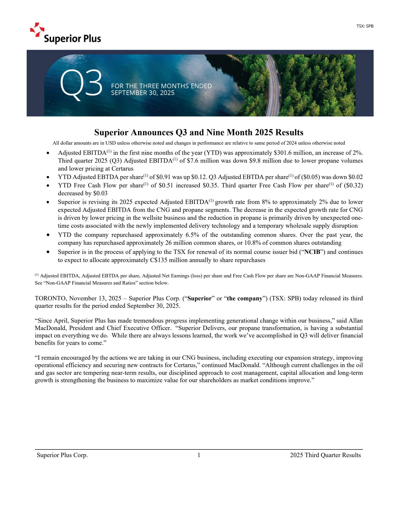 Superior Plus' Q3 2025 Earnings Release