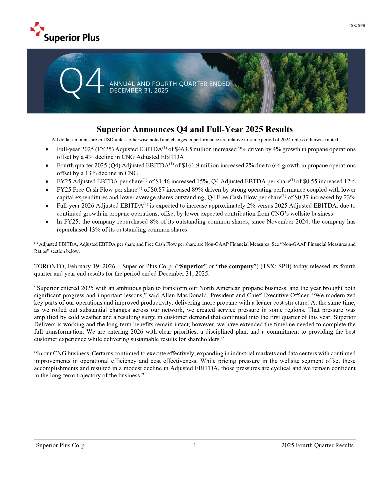 Superior Plus' Q4 2025 Press Release