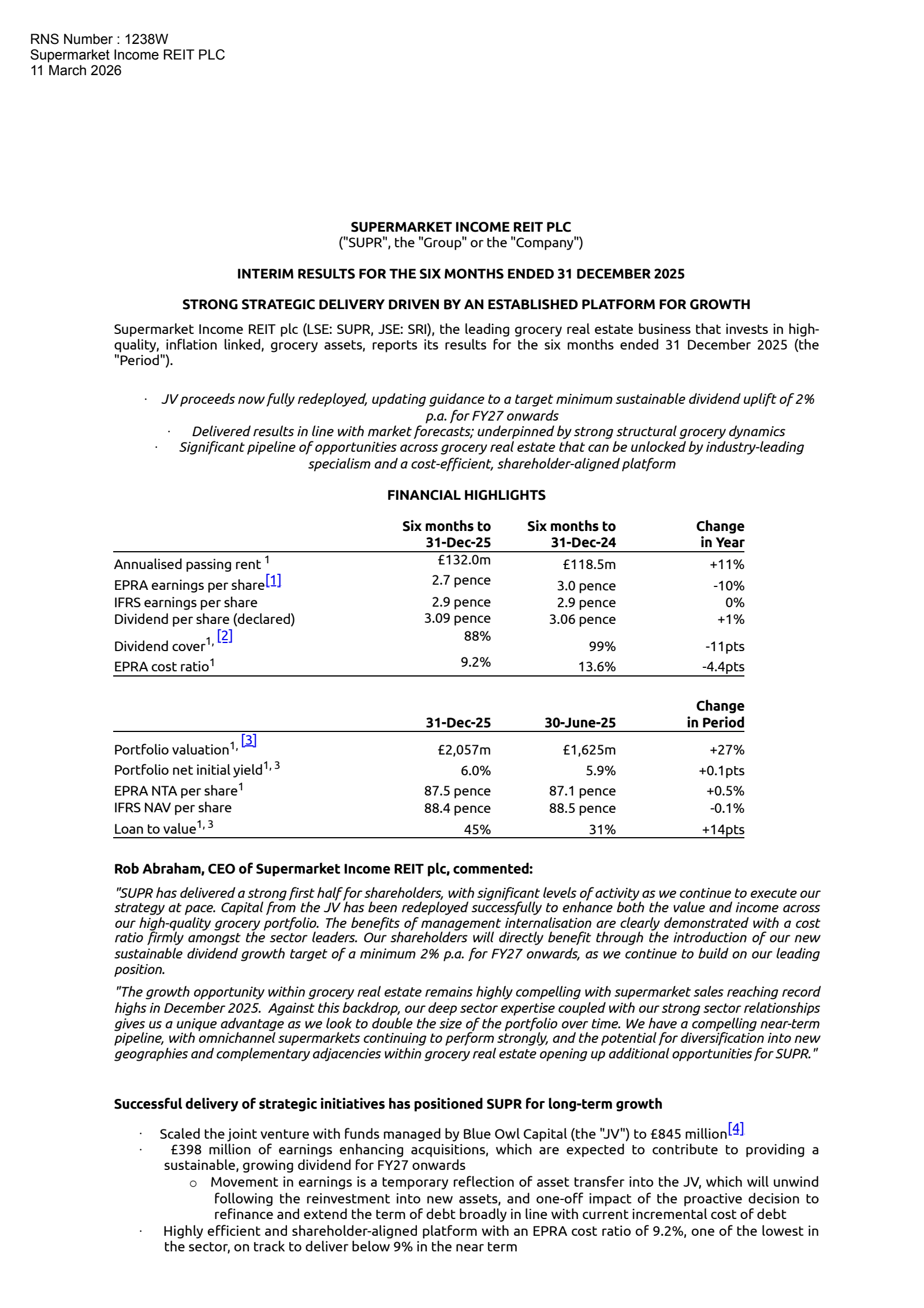 Supermarket Income REIT's H1 2026 Interim report