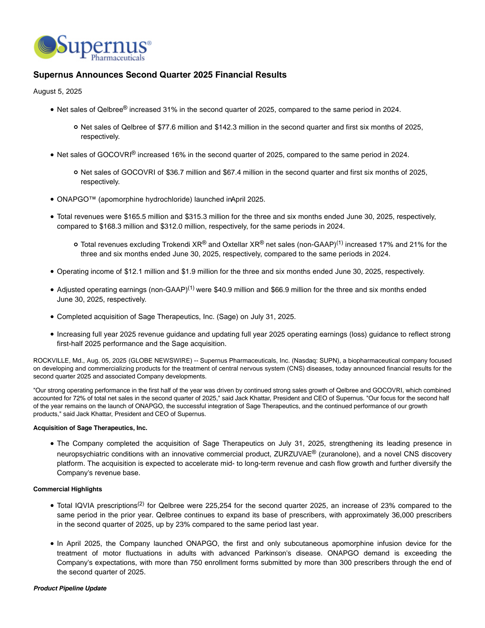Supernus Pharmaceuticals' Q2 2025 Press Release