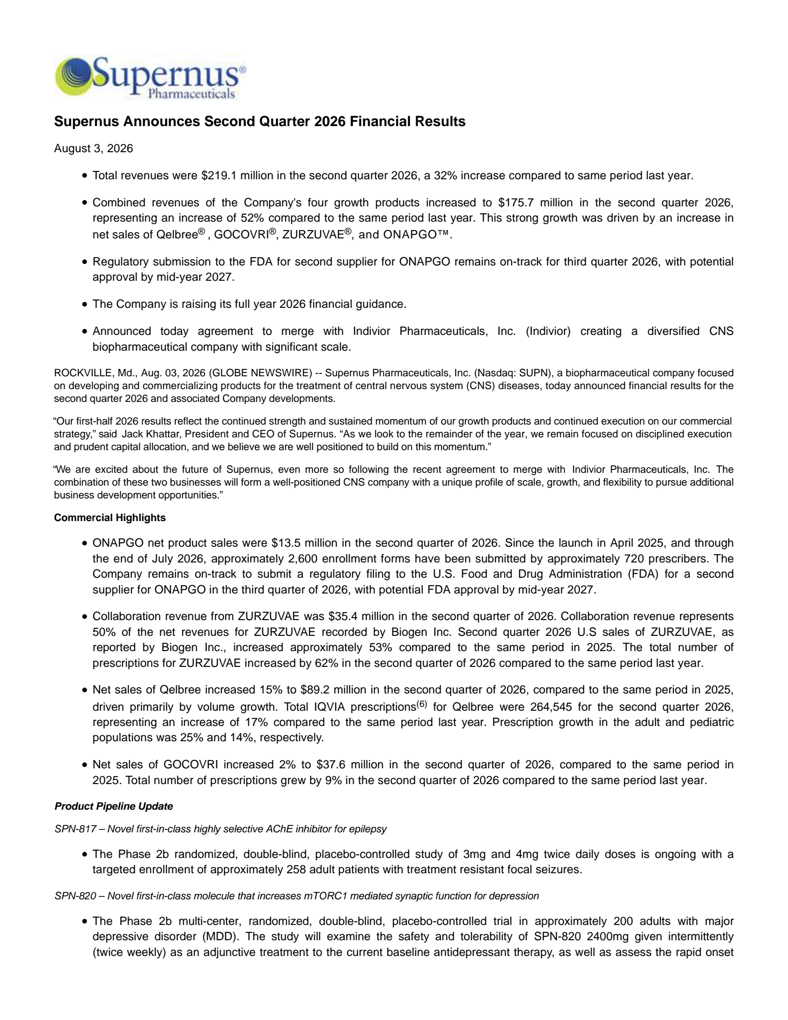 Supernus Pharmaceuticals' Q2 2026 & Merger Press Release