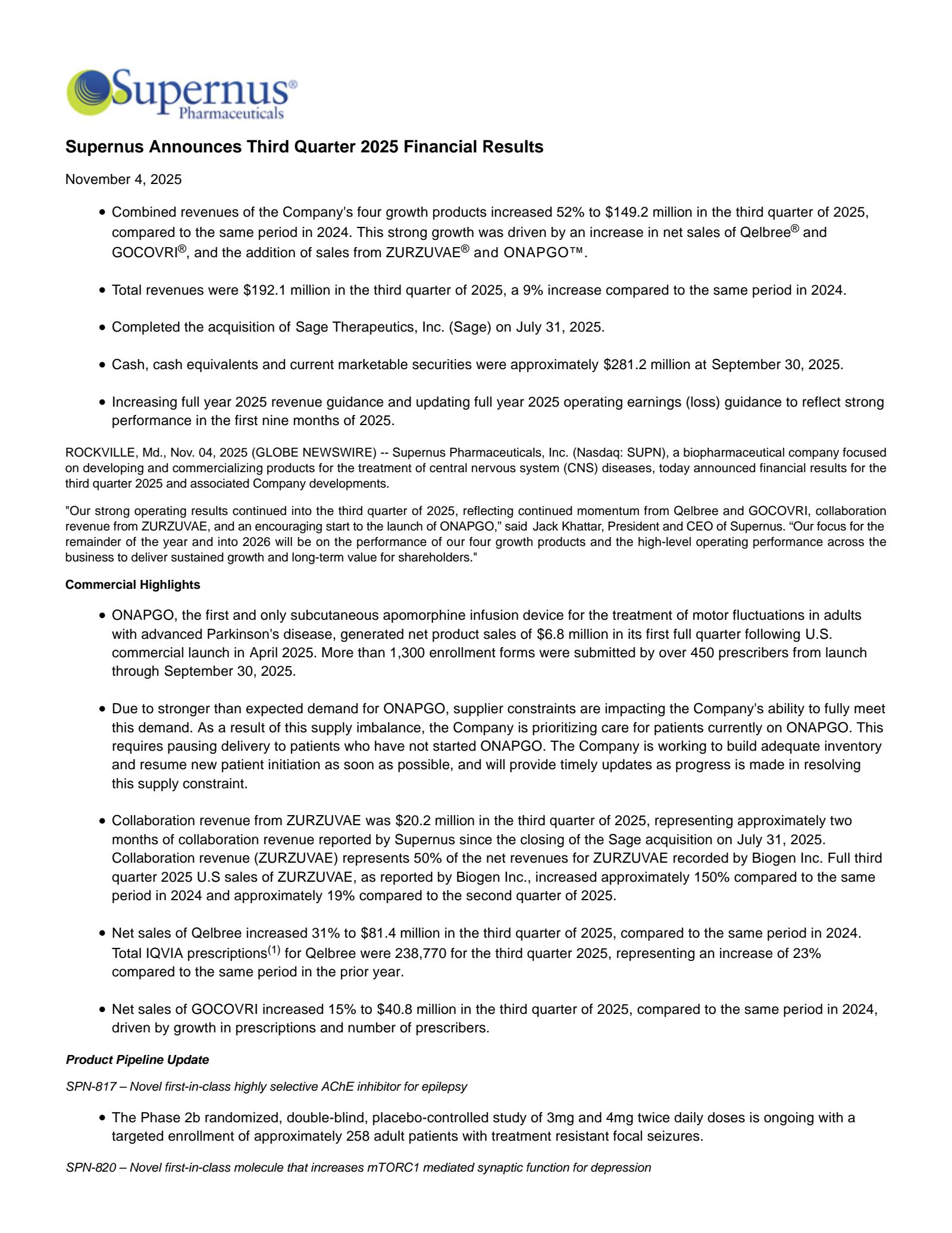 Supernus Pharmaceuticals' Q3 2025 Earnings Release