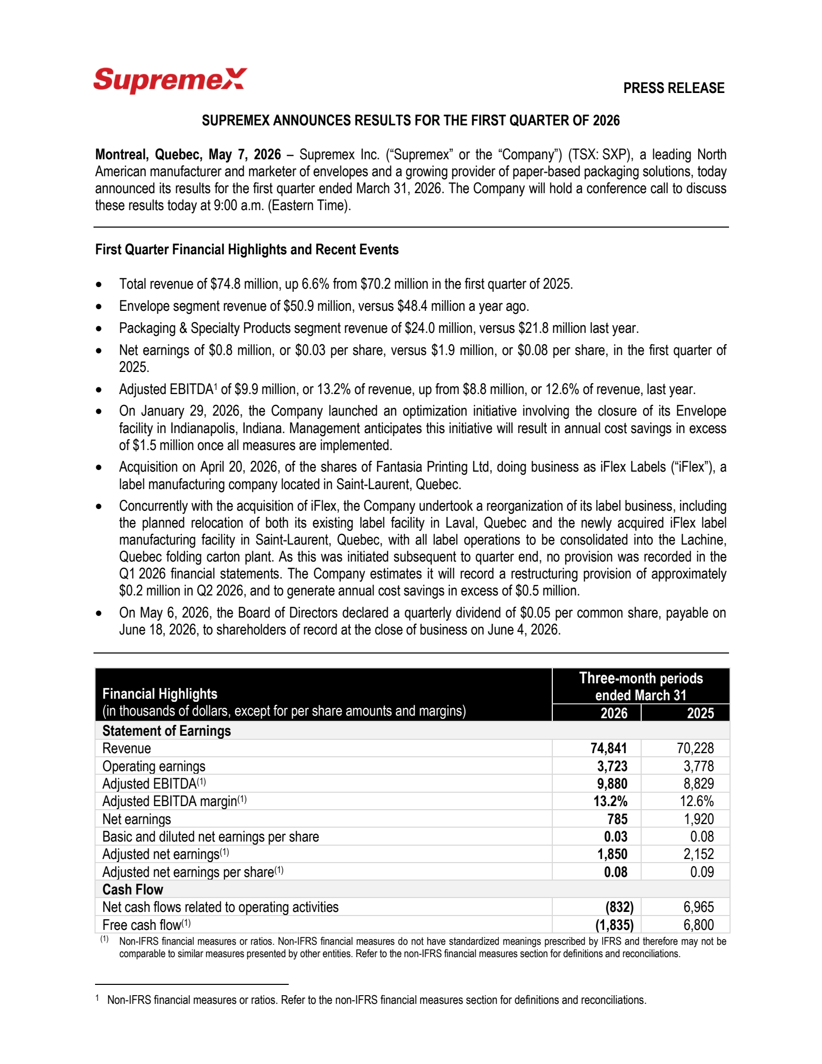 Supremex's Q1 2026 Press Release