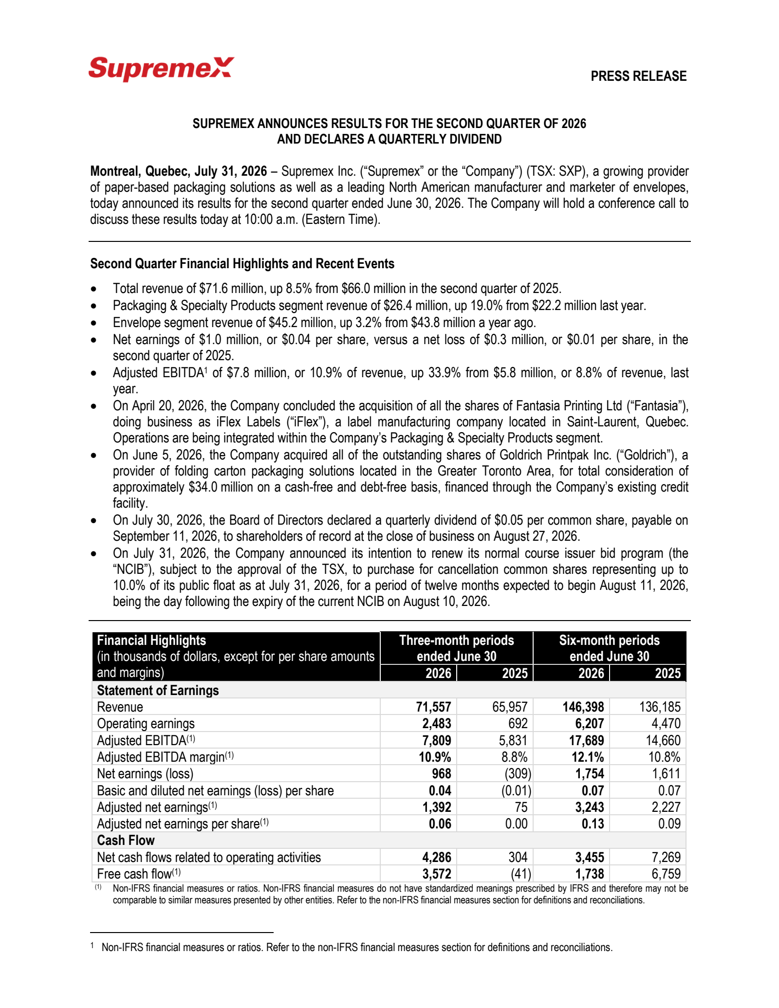 Supremex's Q2 2026 Press Release