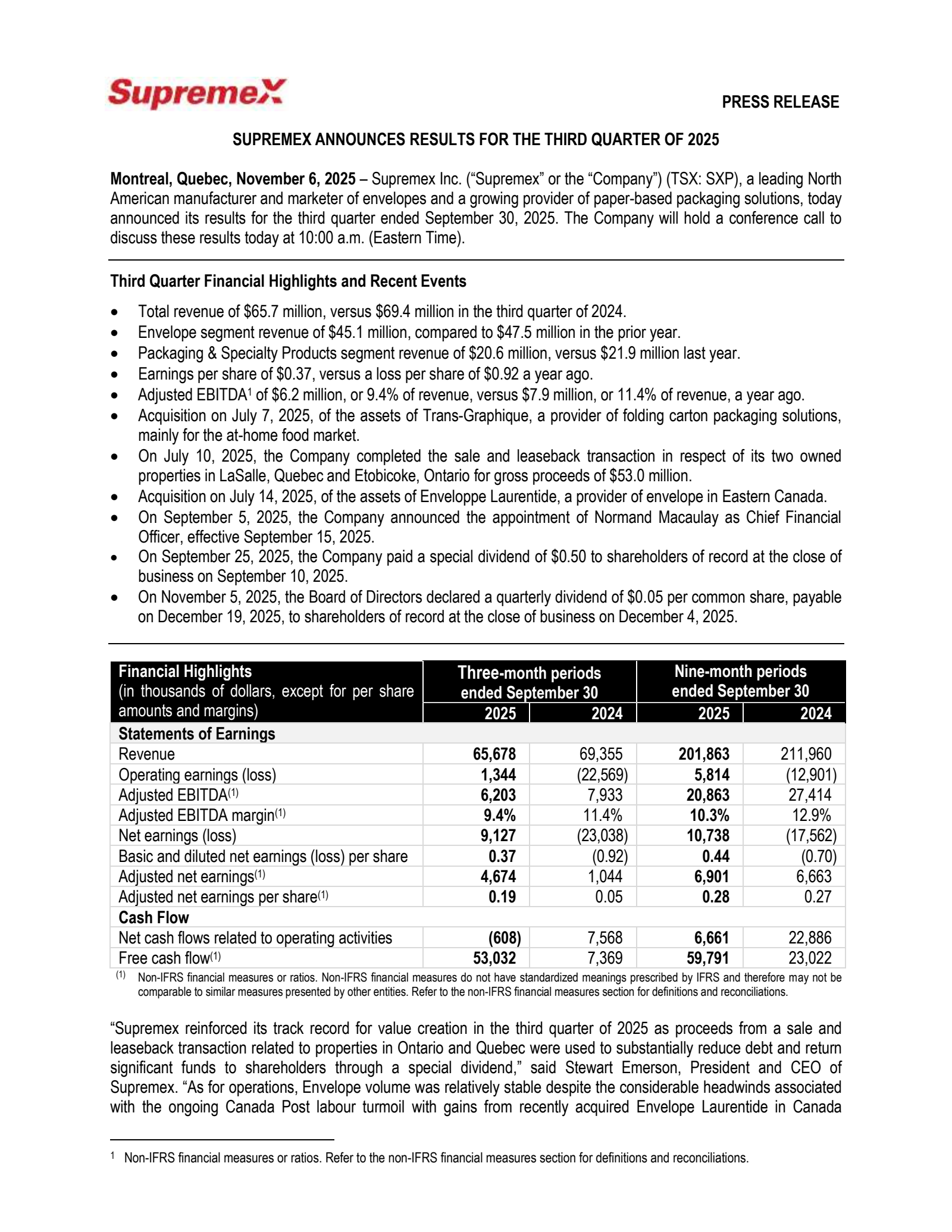 Supremex's Q3 2025 Earnings Release