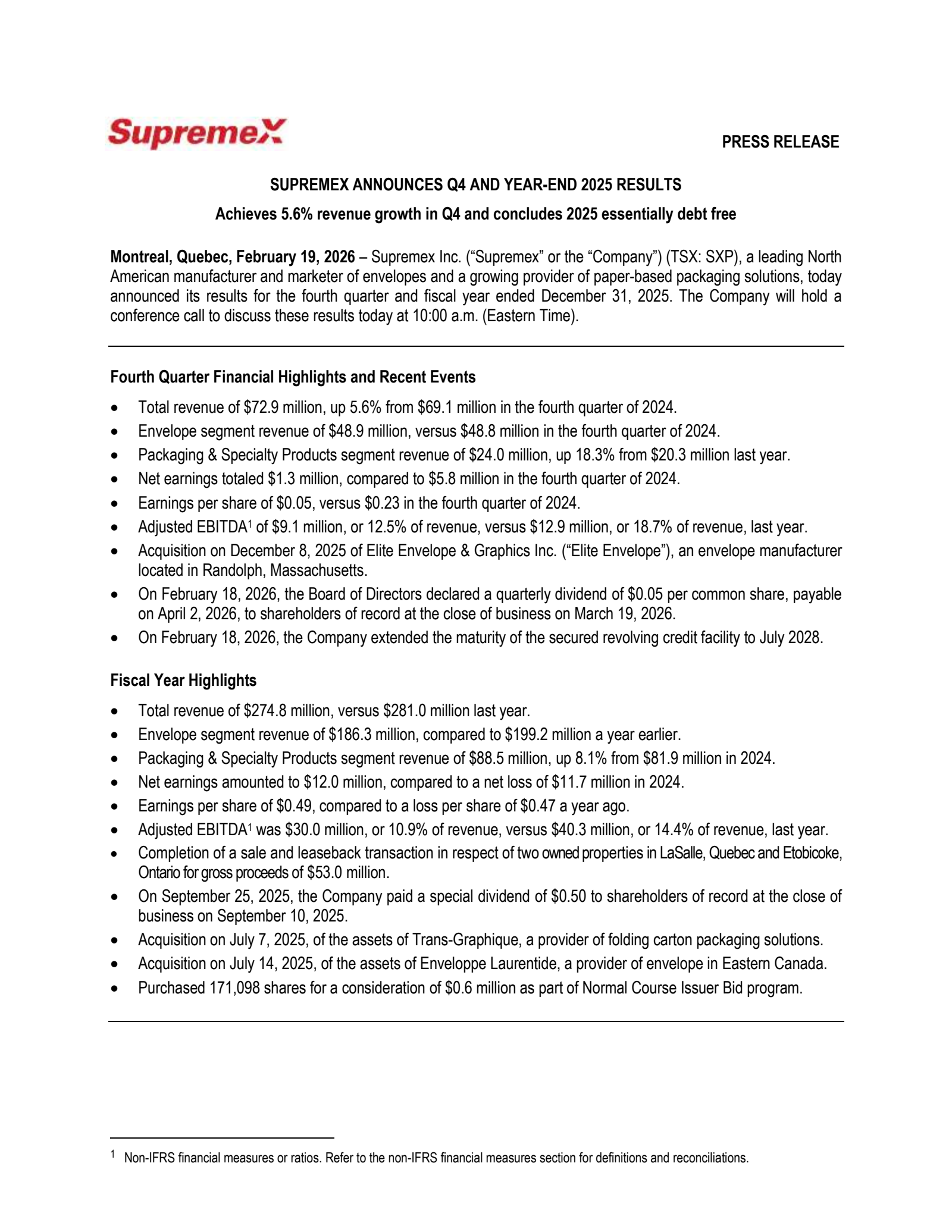 Supremex's Q4 2025 Press Release