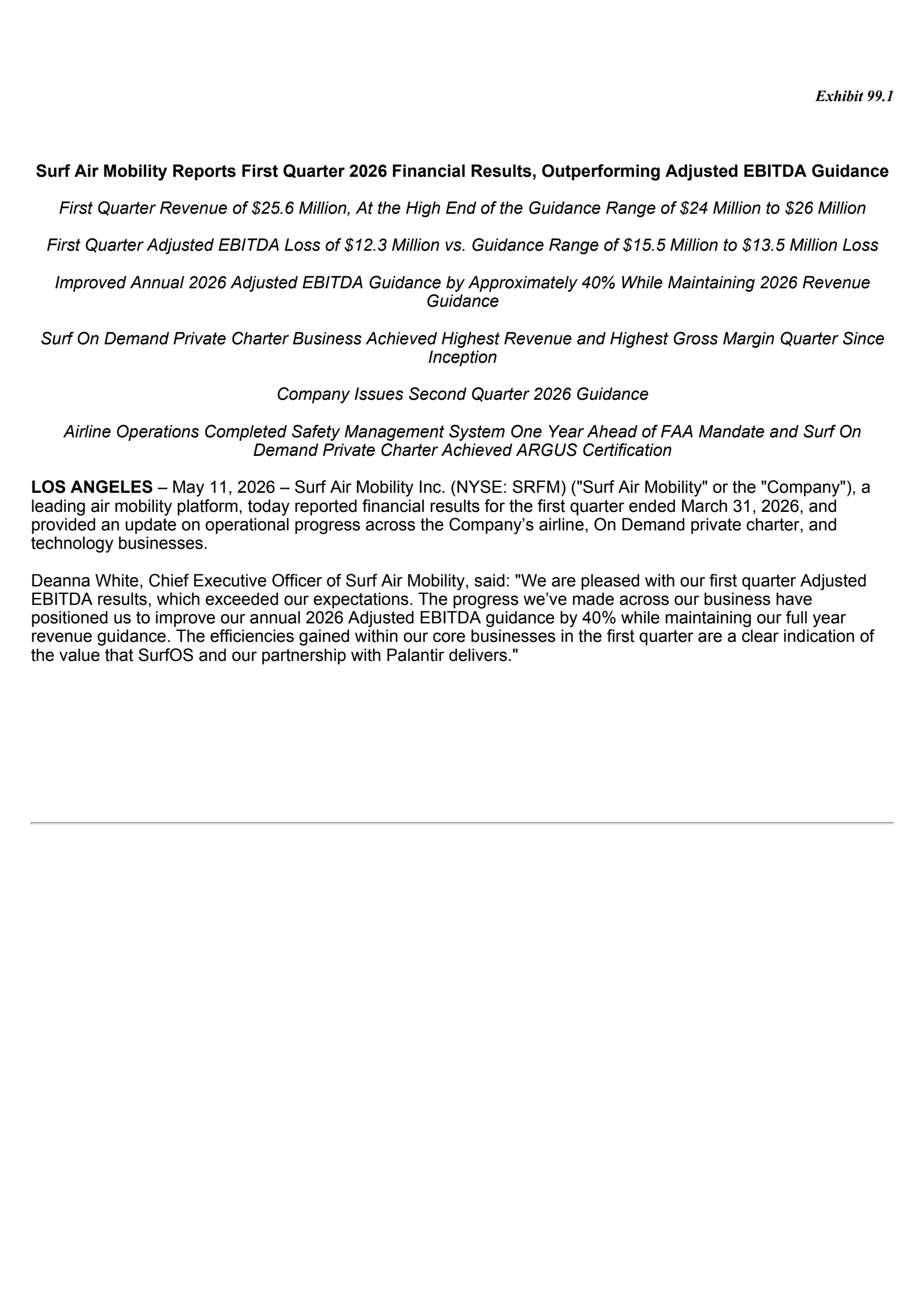 Surf Air Mobility's Q1 2026 Press Release