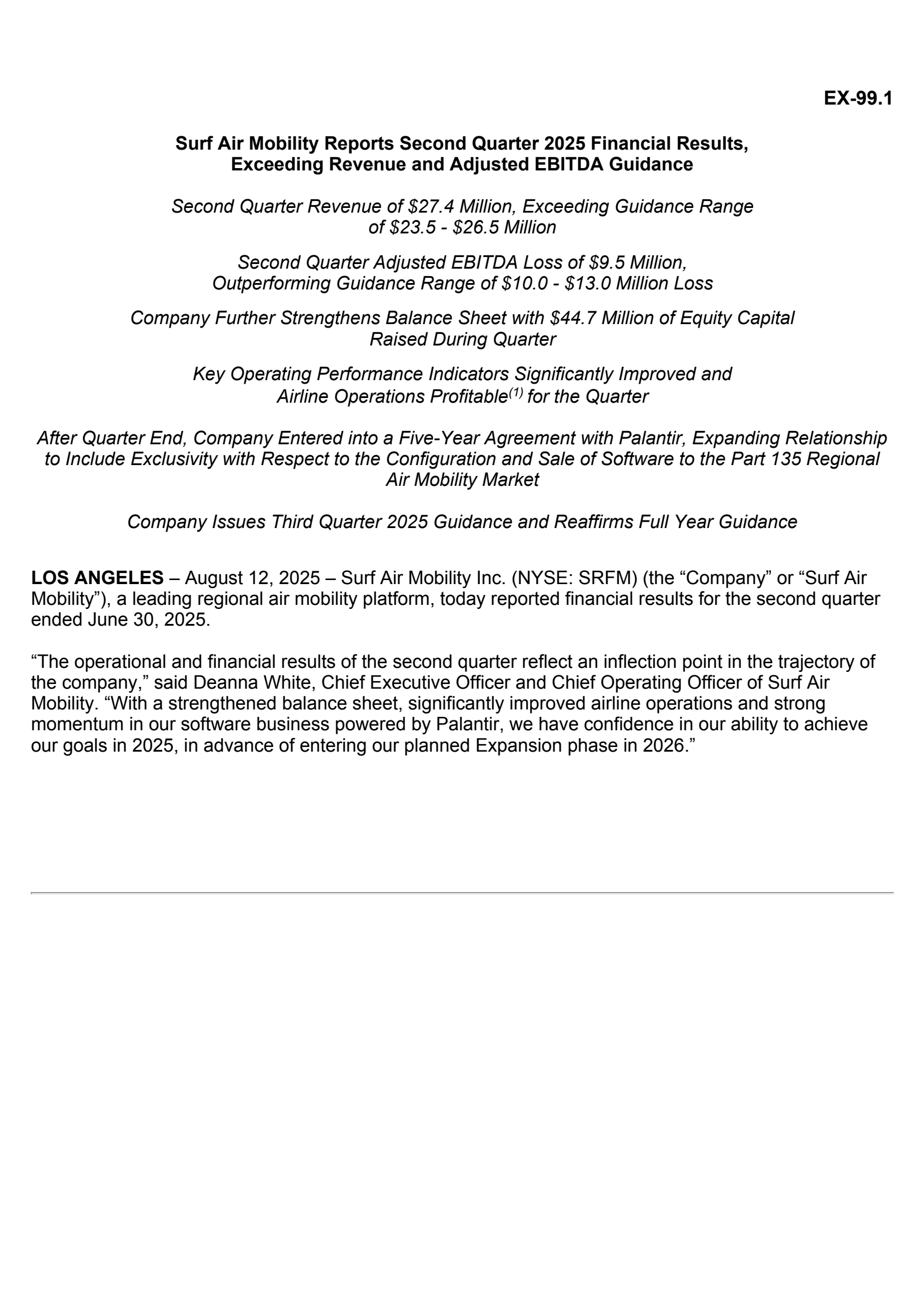 Surf Air Mobility's Q2 2025 Press Release