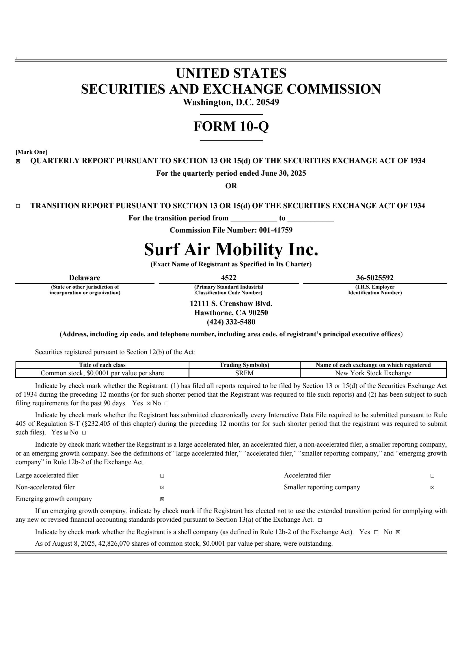 Surf Air Mobility's Q2 2025 Quarterly report